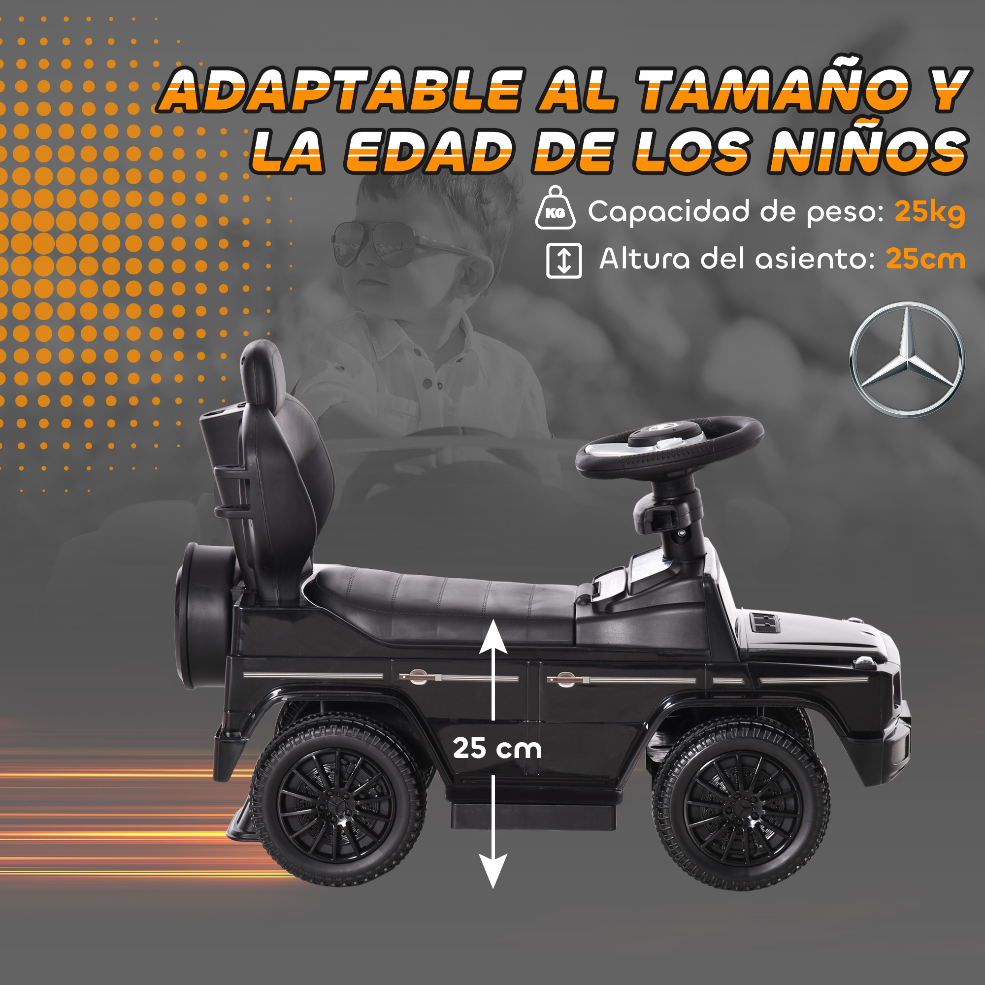 Coche negro para niños con logo Mercedes, 25kg capacidad, 25cm altura asiento.