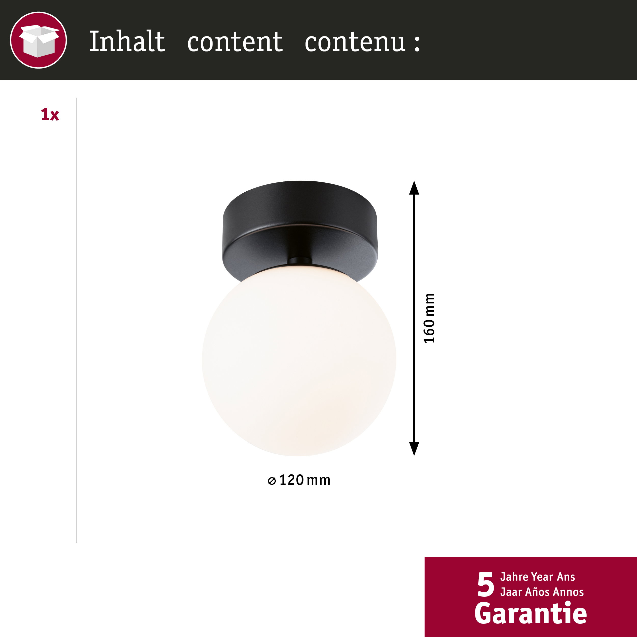 Lampa sufitowa z kulistym kloszem i czarną podstawą. Średnica 120mm.