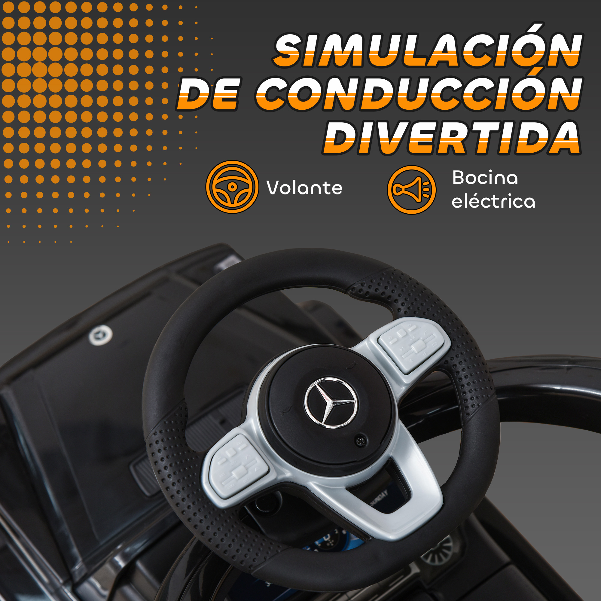 Primer plano de un volante negro con logo Mercedes y controles.
