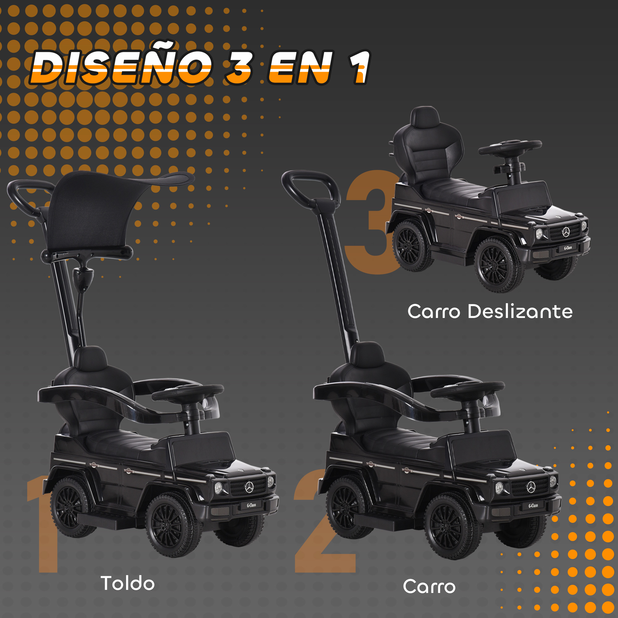 Un coche de juguete negro con barra de empuje y toldo en tres modos.