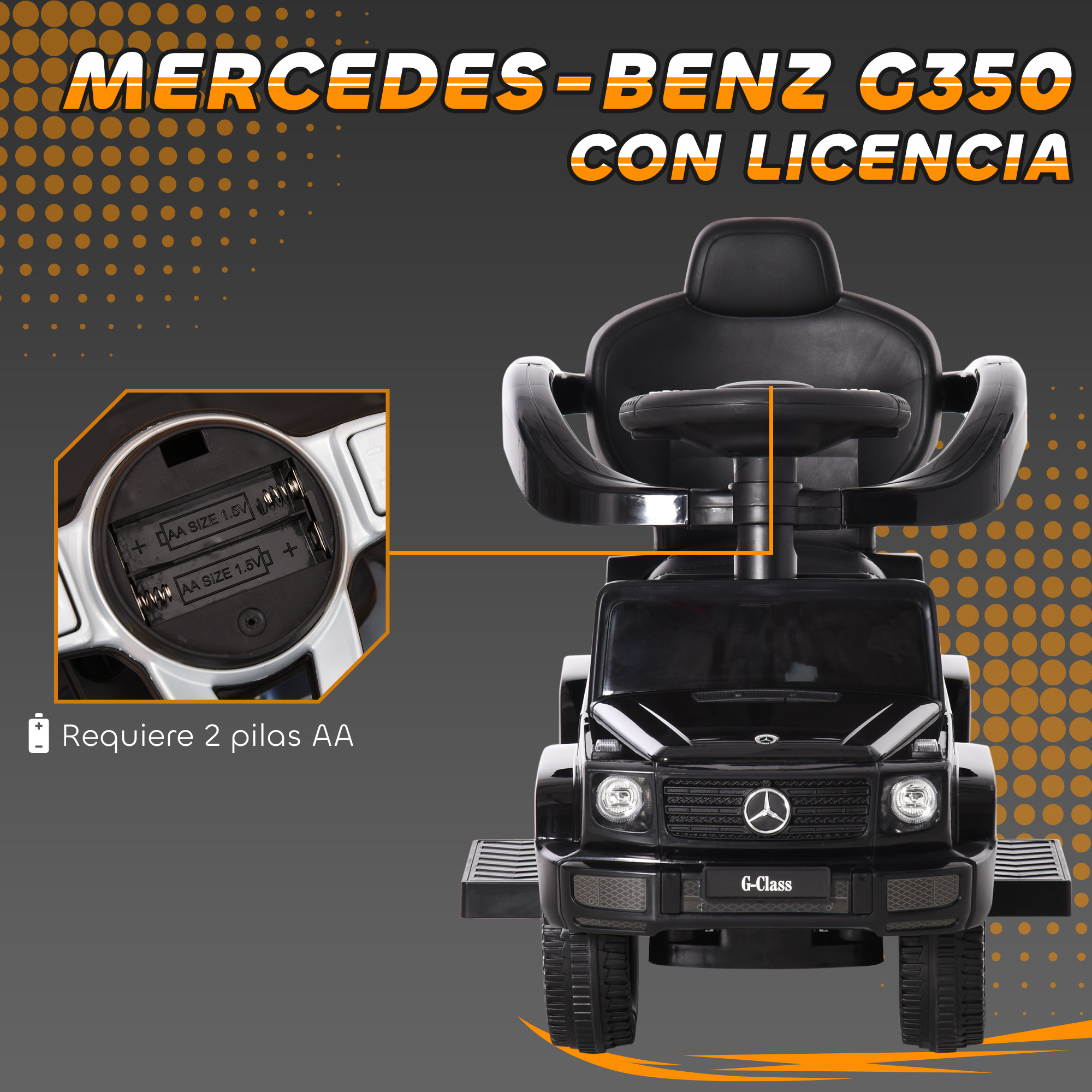 Coche de juguete Mercedes G-Klasse negro. Primer plano del compartimento de pilas AA.