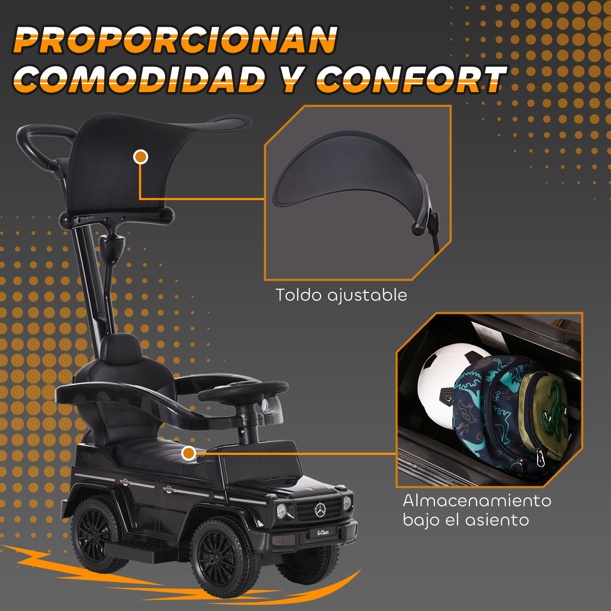 Cochecito negro estilo G-Class con toldo ajustable y compartimento de almacenamiento.