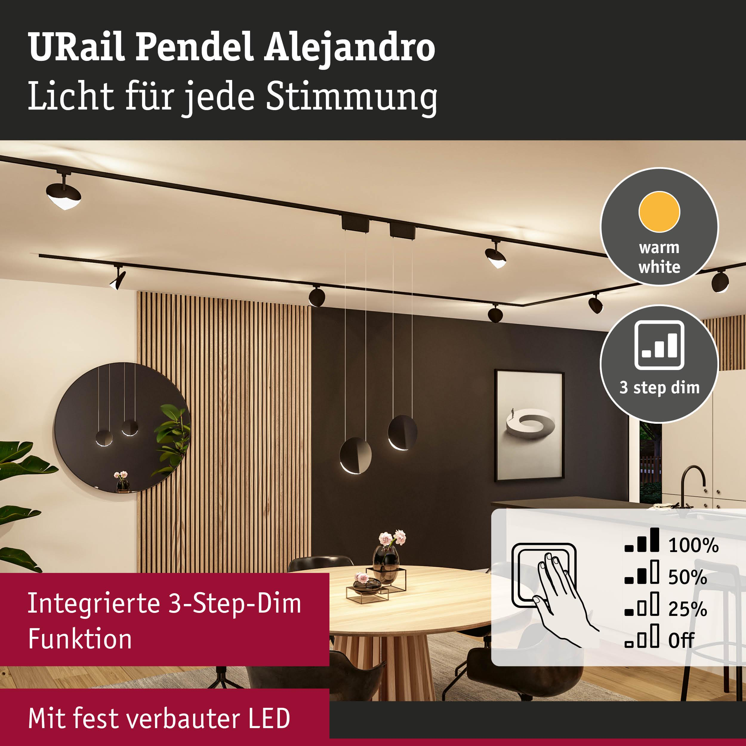 URail Pendelleuchte Alejandro mit 3-Stufen-Dimmfunktion, warmweißes Licht.