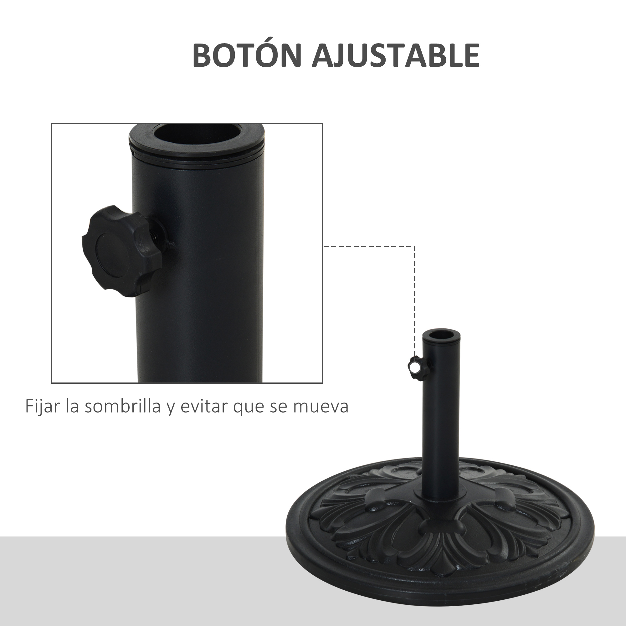 Un soporte negro para sombrilla con base decorativa y pomo ajustable.