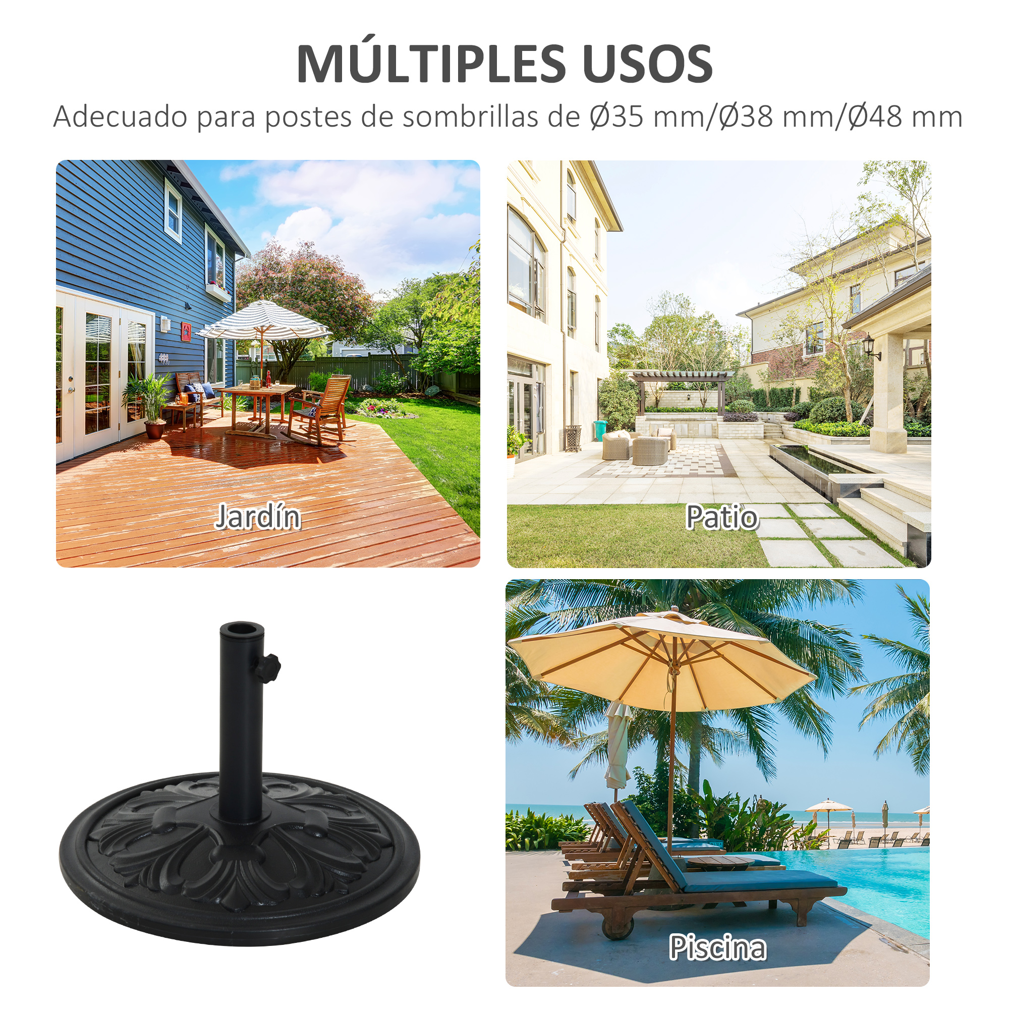 Cuatro imágenes muestran un jardín, un patio, una zona de piscina y un soporte para sombrillas.