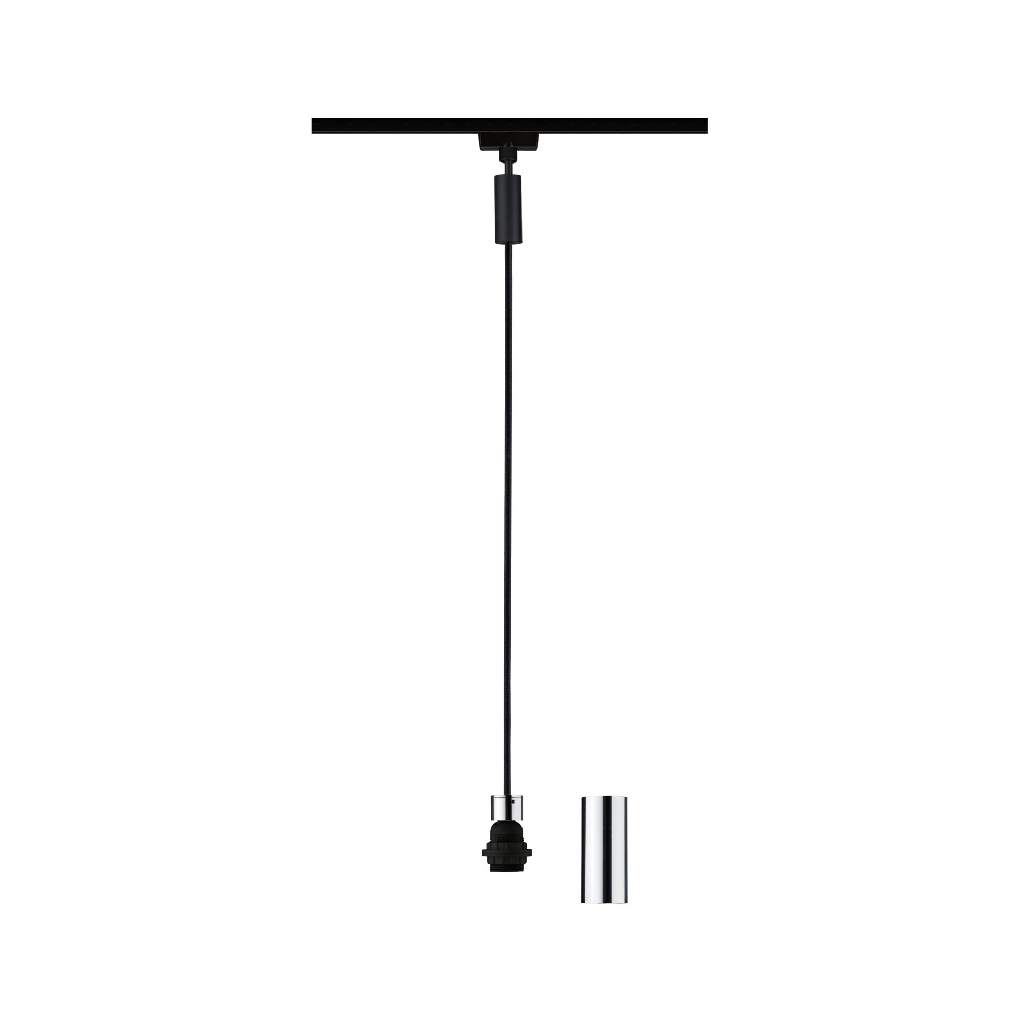 Schwarzes Kabel hängt von schwarzer Schiene, mit Lampenfassung und Zylinder.