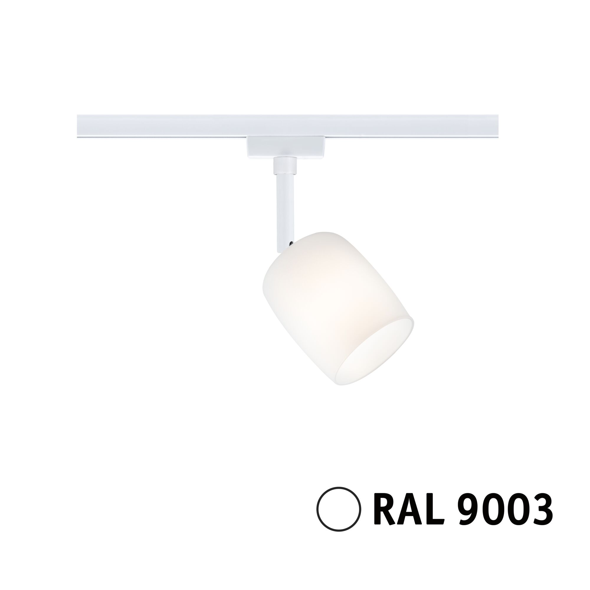 Ein weißer Schienenstrahler mit mattem Lampenschirm, RAL 9003.