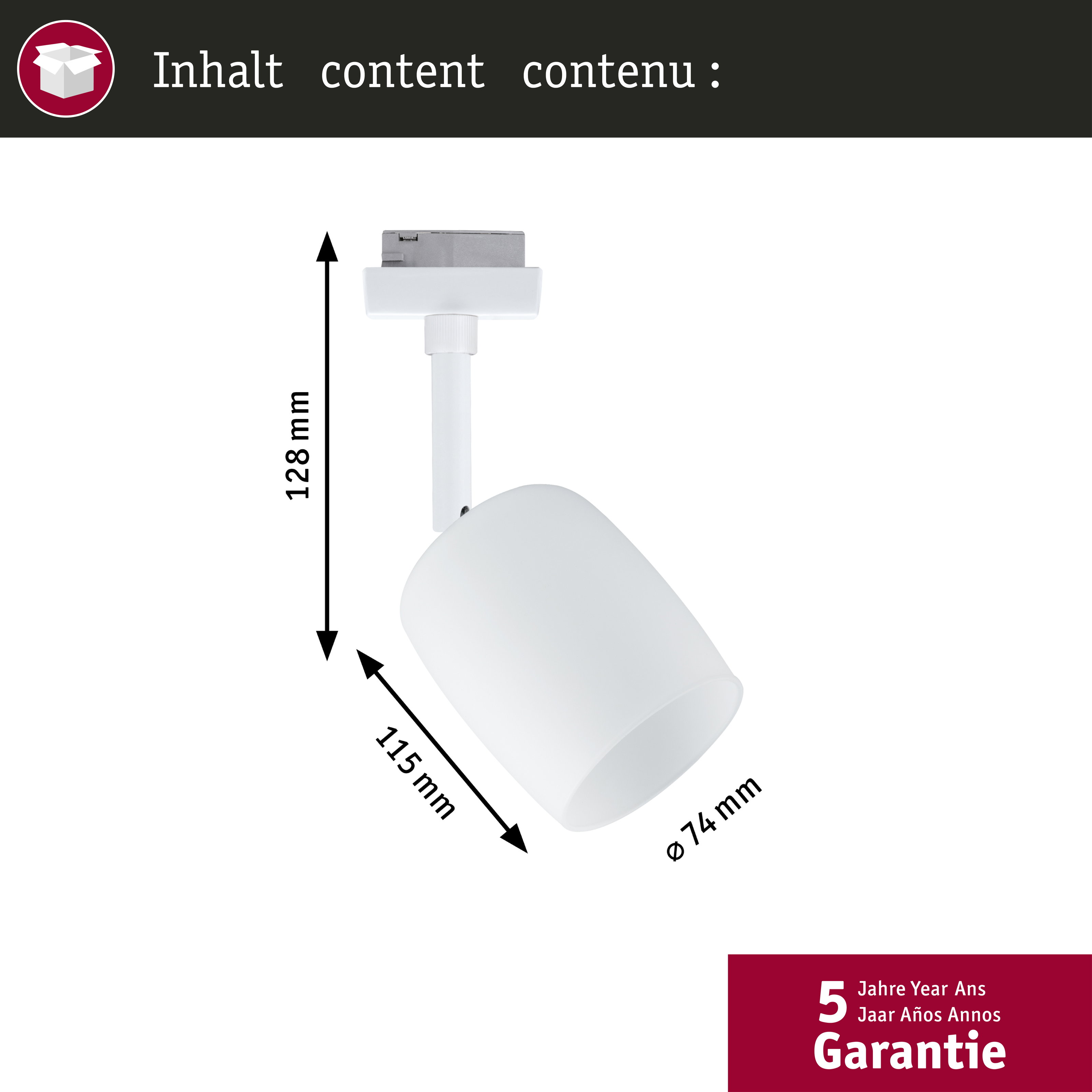 Weiße Lampe mit Maßen 128 mm, 115 mm, Ø74 mm und 5 Jahre Garantie.