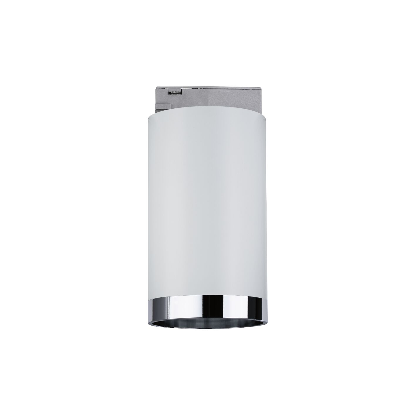 Eine weiße zylindrische Lampe mit silbernem Rand und silberner Oberseite.