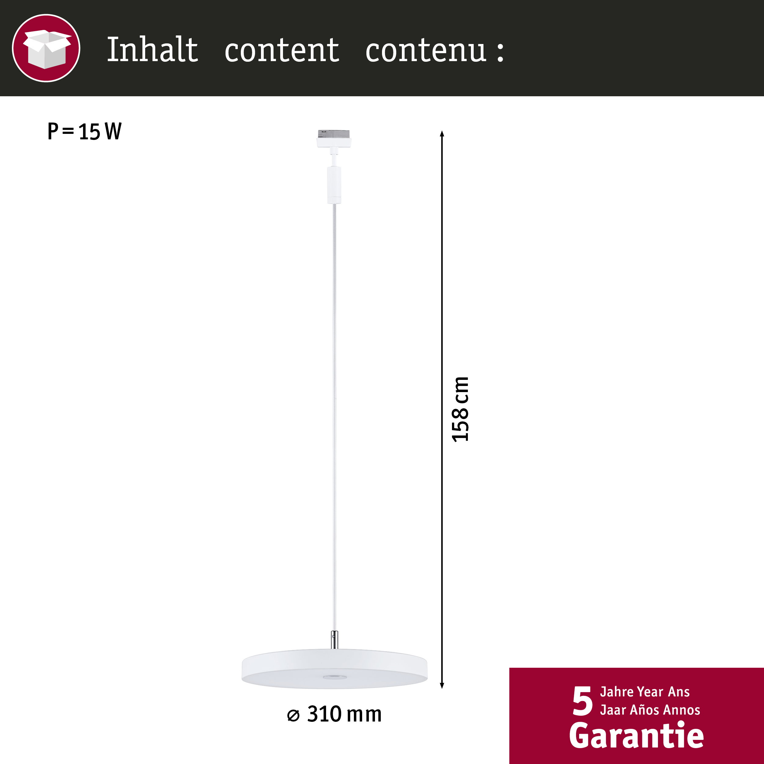 Eine weiße Pendelleuchte mit 310 mm Durchmesser und 158 cm Höhe.
