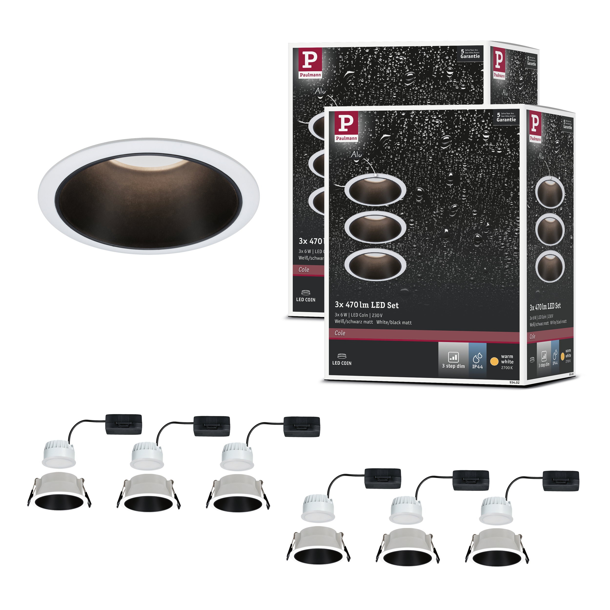 Pojedynczy biały spot wpuszczany z czarnym odbłyśnikiem i opakowaniem Paulmann.