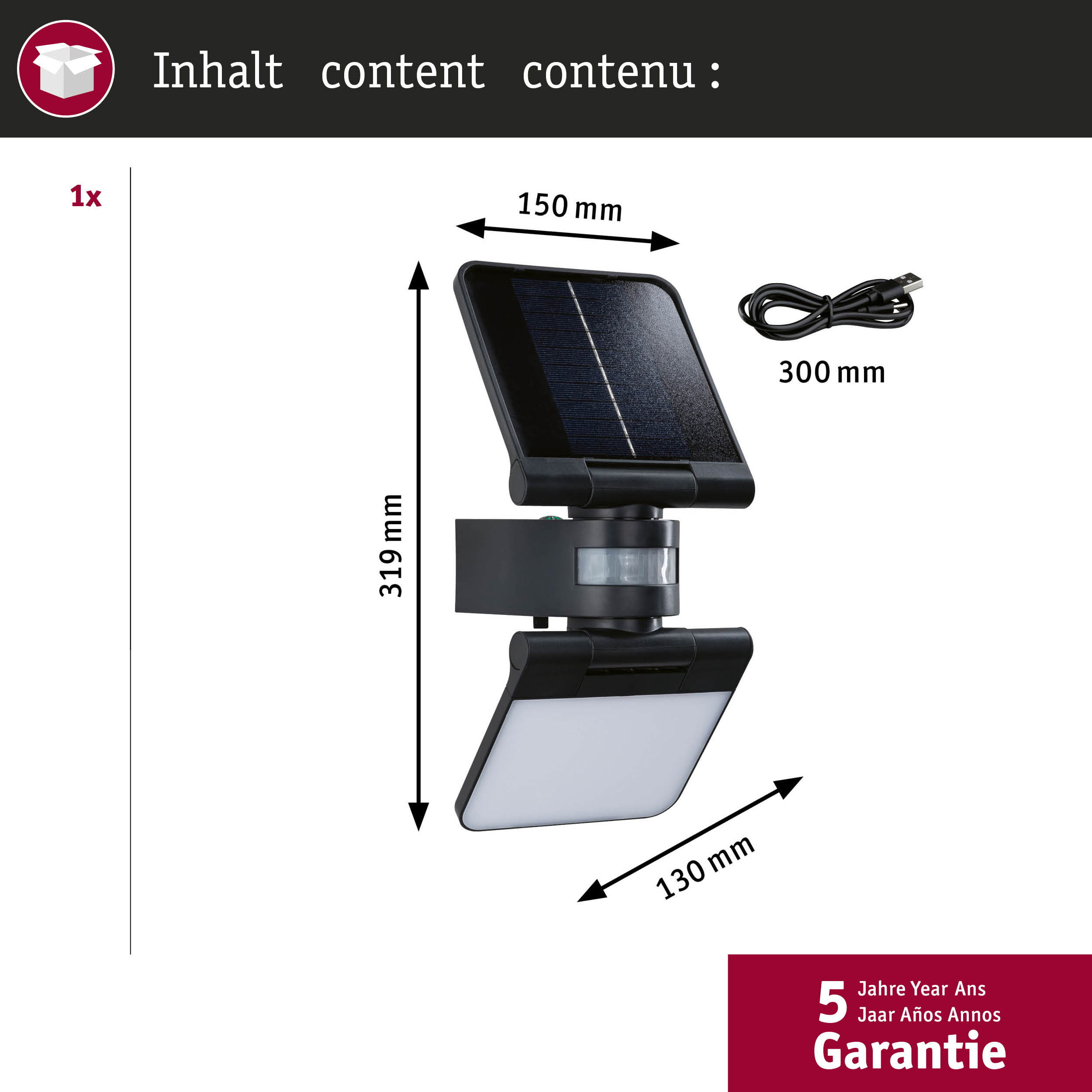 Lampa solarna z czujnikiem ruchu, kablem ładującym i wymiarami.