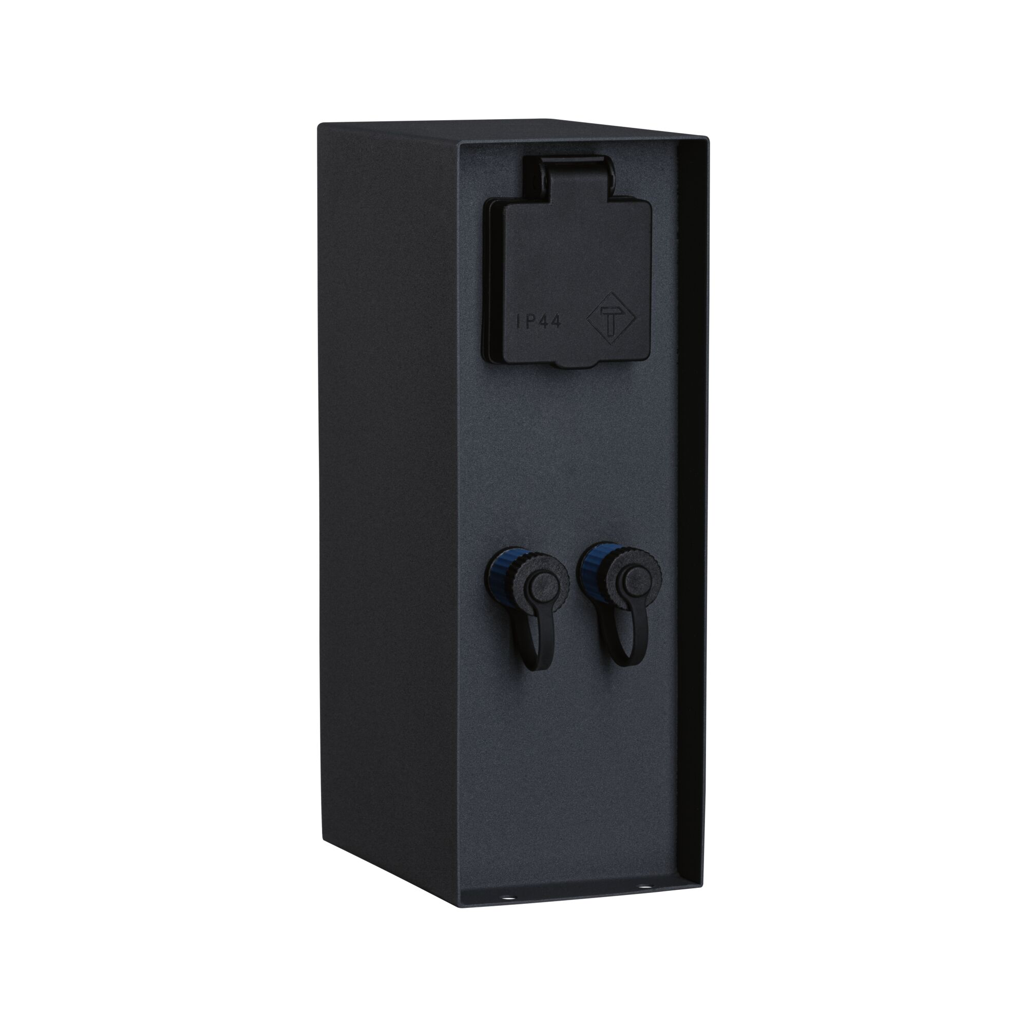 Schwarze Wandsteckdose mit IP44-Abdeckung und zwei blauen Drehknöpfen.