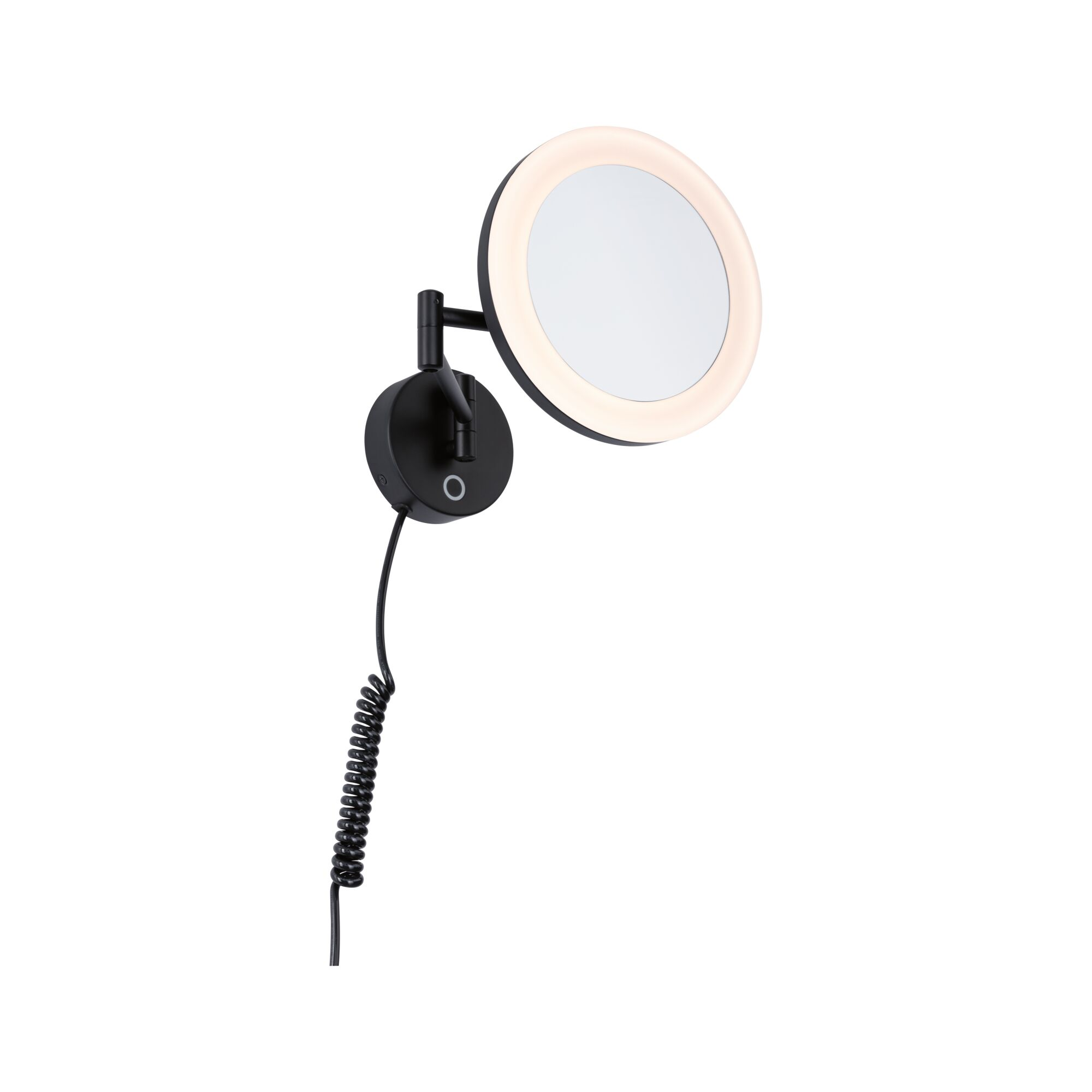 Schwarzer Wandspiegel mit LED-Beleuchtung und flexiblem Arm.