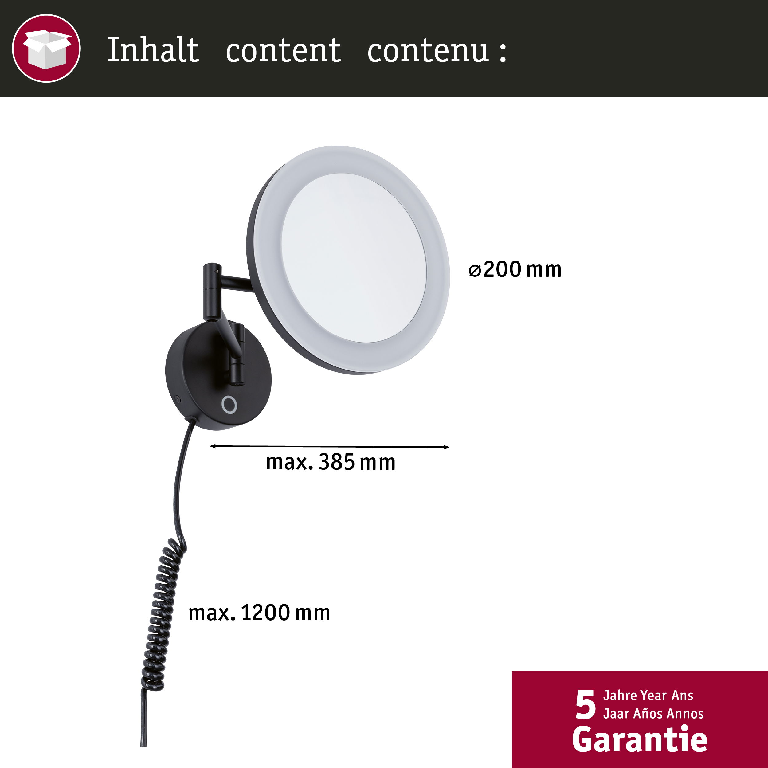 Ein schwenkbarer Kosmetikspiegel mit LED-Beleuchtung und Maßen.