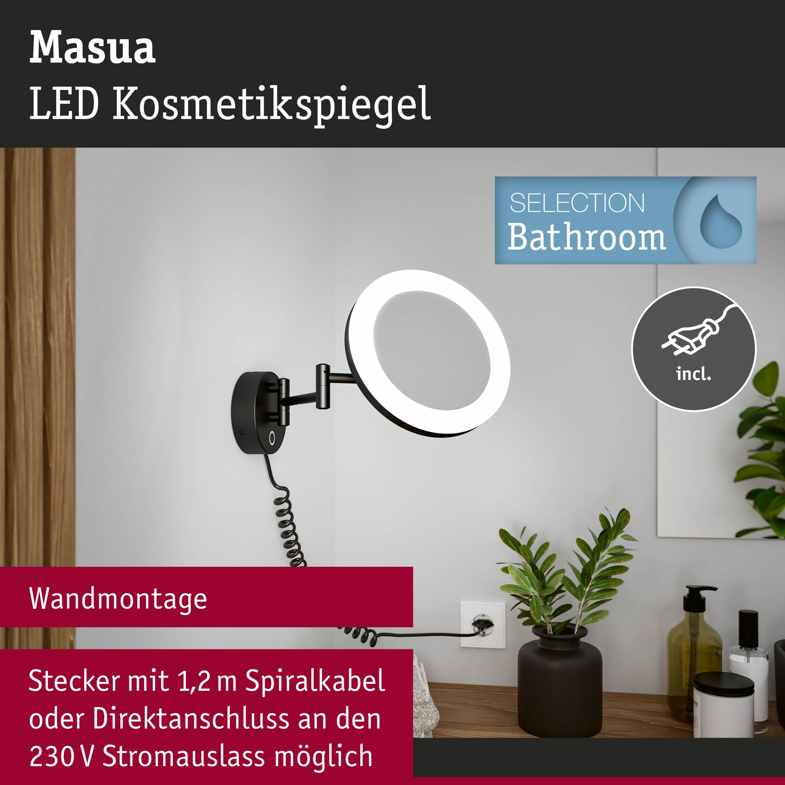 Ein beleuchteter Kosmetikspiegel mit Arm ist an der Wand montiert.