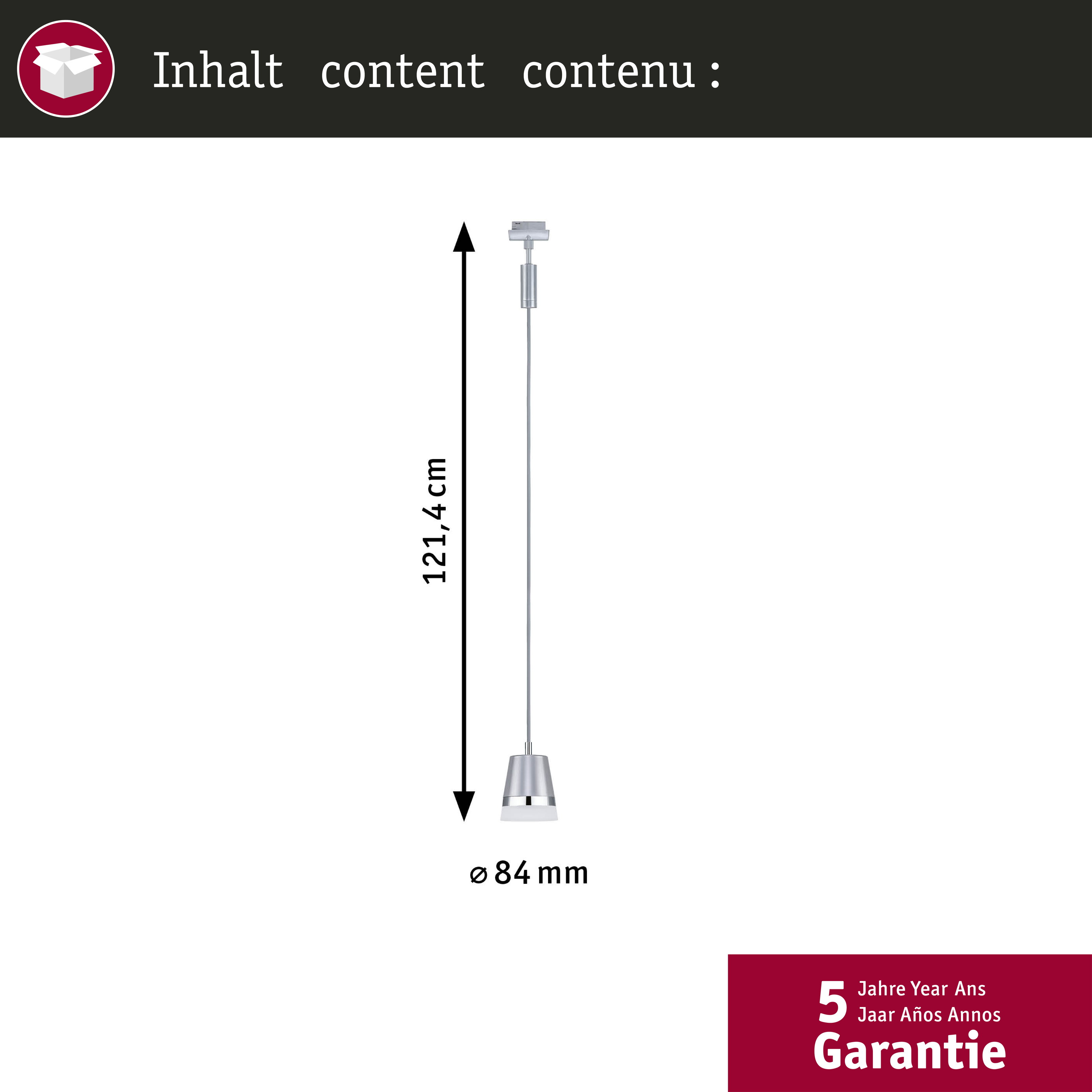 Srebrna lampa wisząca o wymiarach 121,4 cm wysokości i 84 mm średnicy.