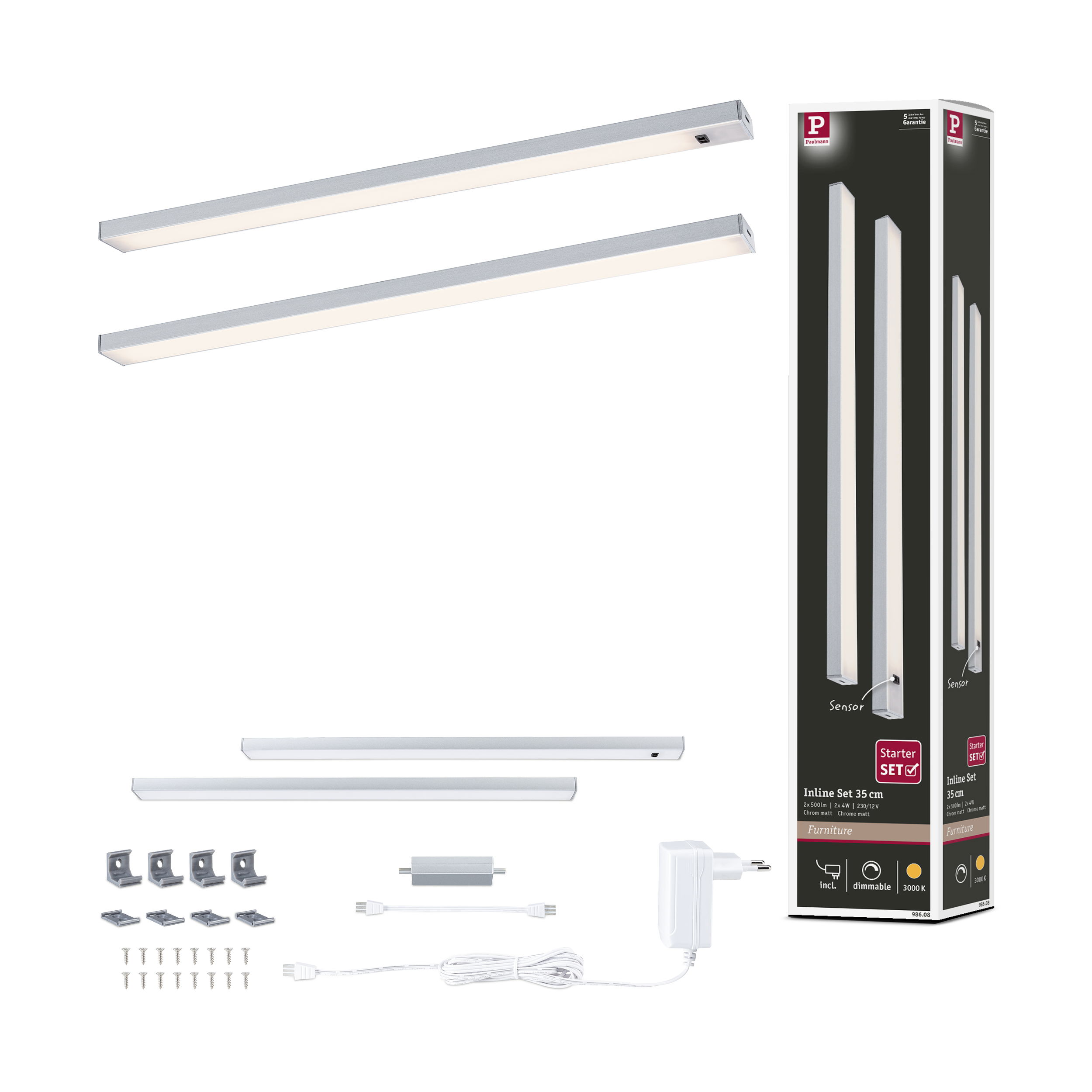 Lampy LED liniowe z akcesoriami i opakowaniem.