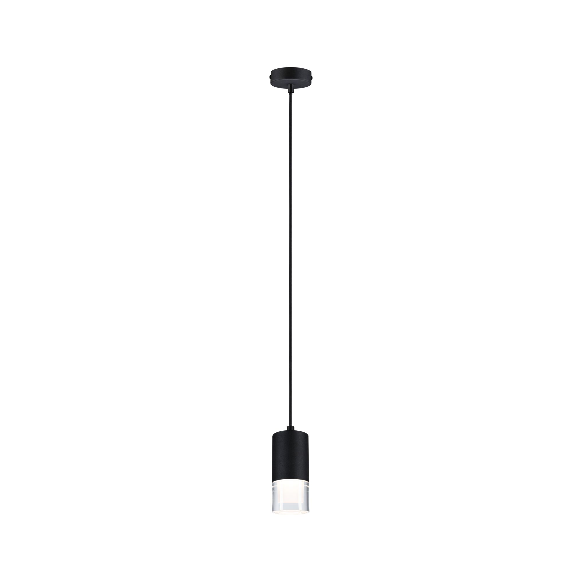 Lampada a sospensione nera con paralume cilindrico e parte inferiore in vetro.