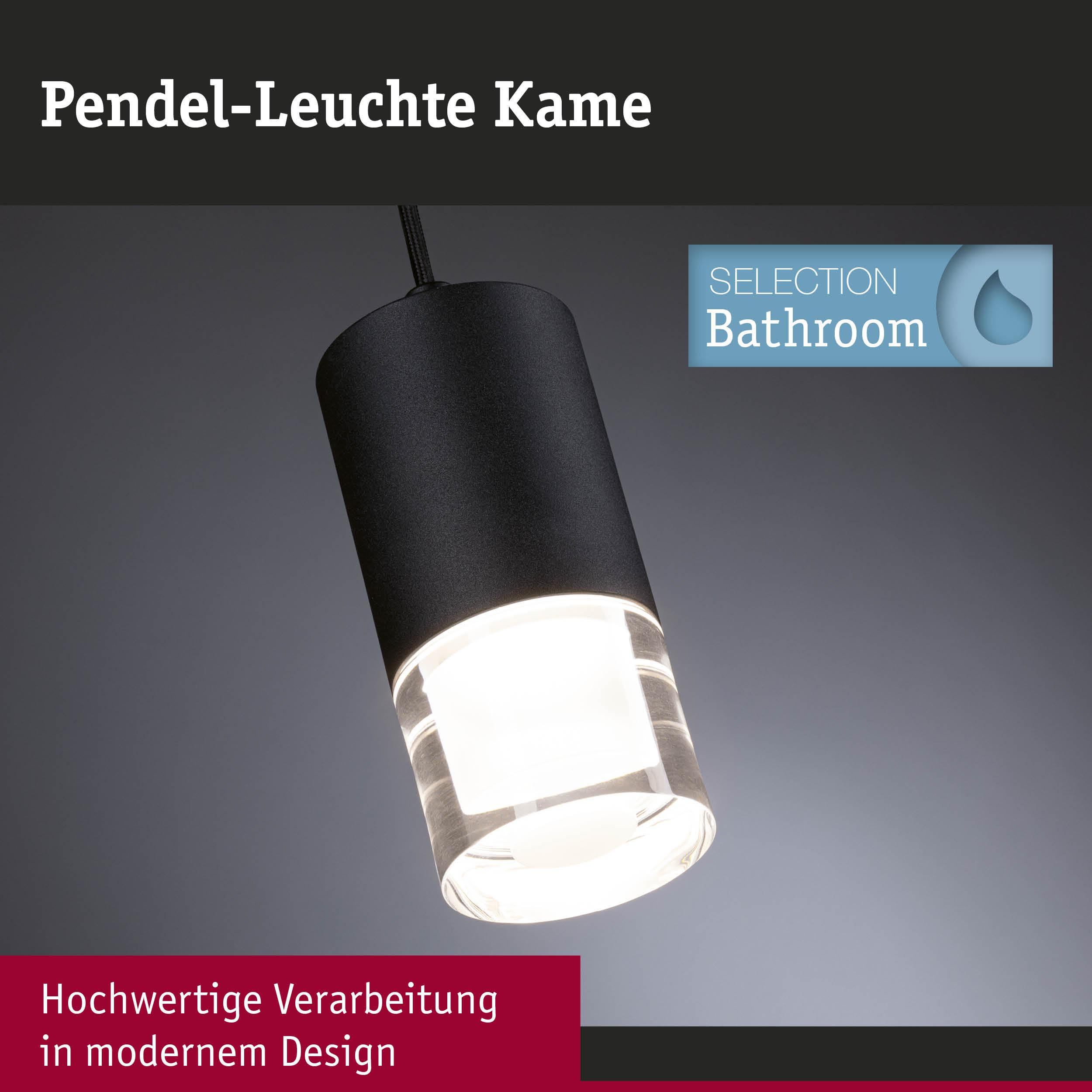 Lampada a sospensione moderna nera con cilindro in vetro trasparente e luce.