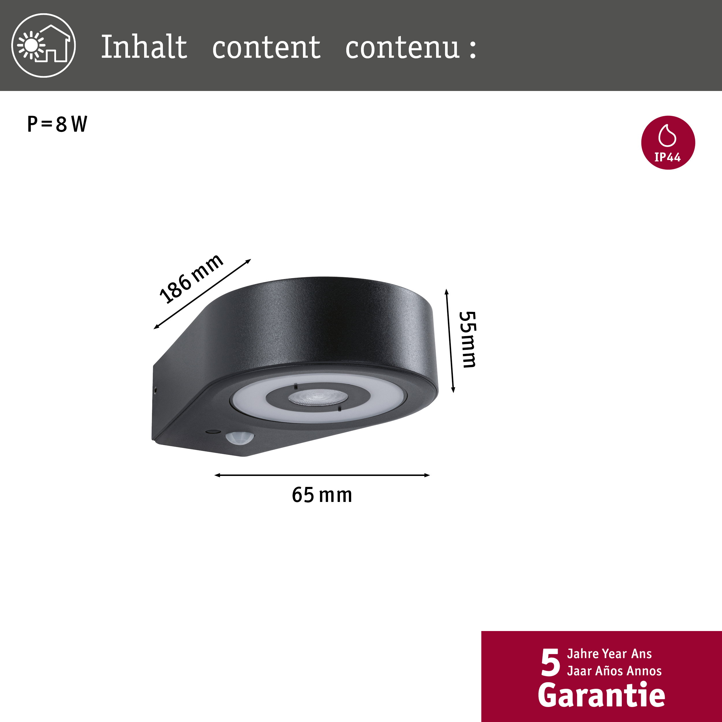 Czarna lampa ścienna z czujnikiem ruchu, 8W, IP44. Wymiary 186x65x55mm.