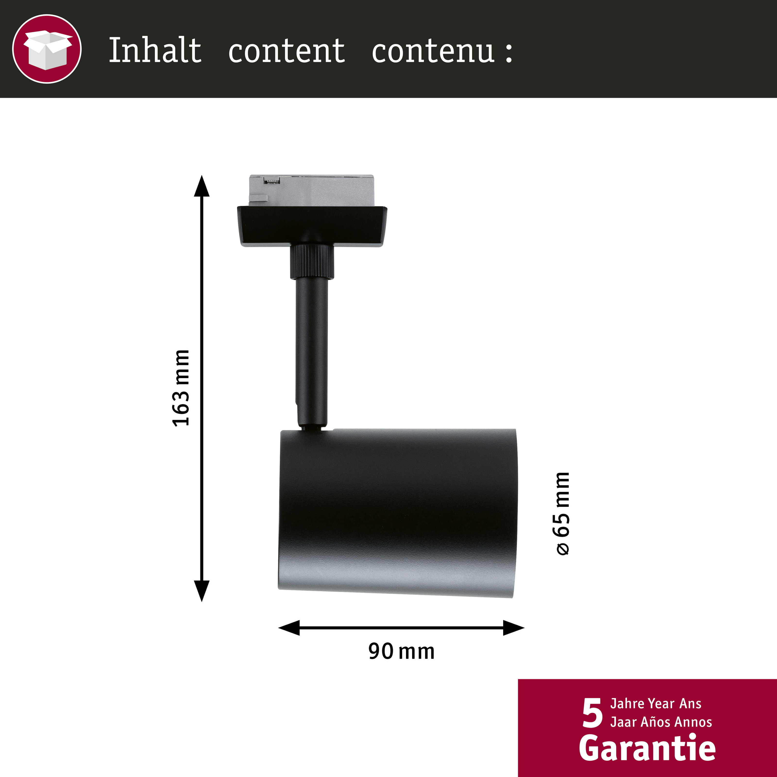 Czarny reflektor o wymiarach 163mm W, 90mm S, 65mm Ø. Gwarancja: 5 lat.