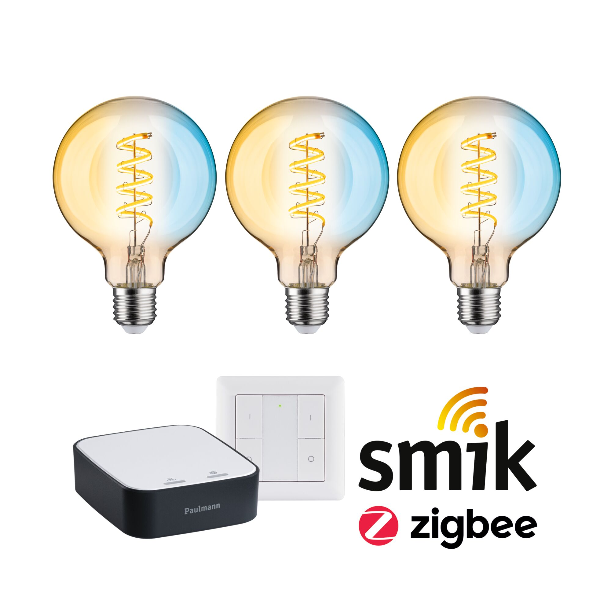Trzy żarówki Edisona, hub i włącznik z logo Smik Zigbee.