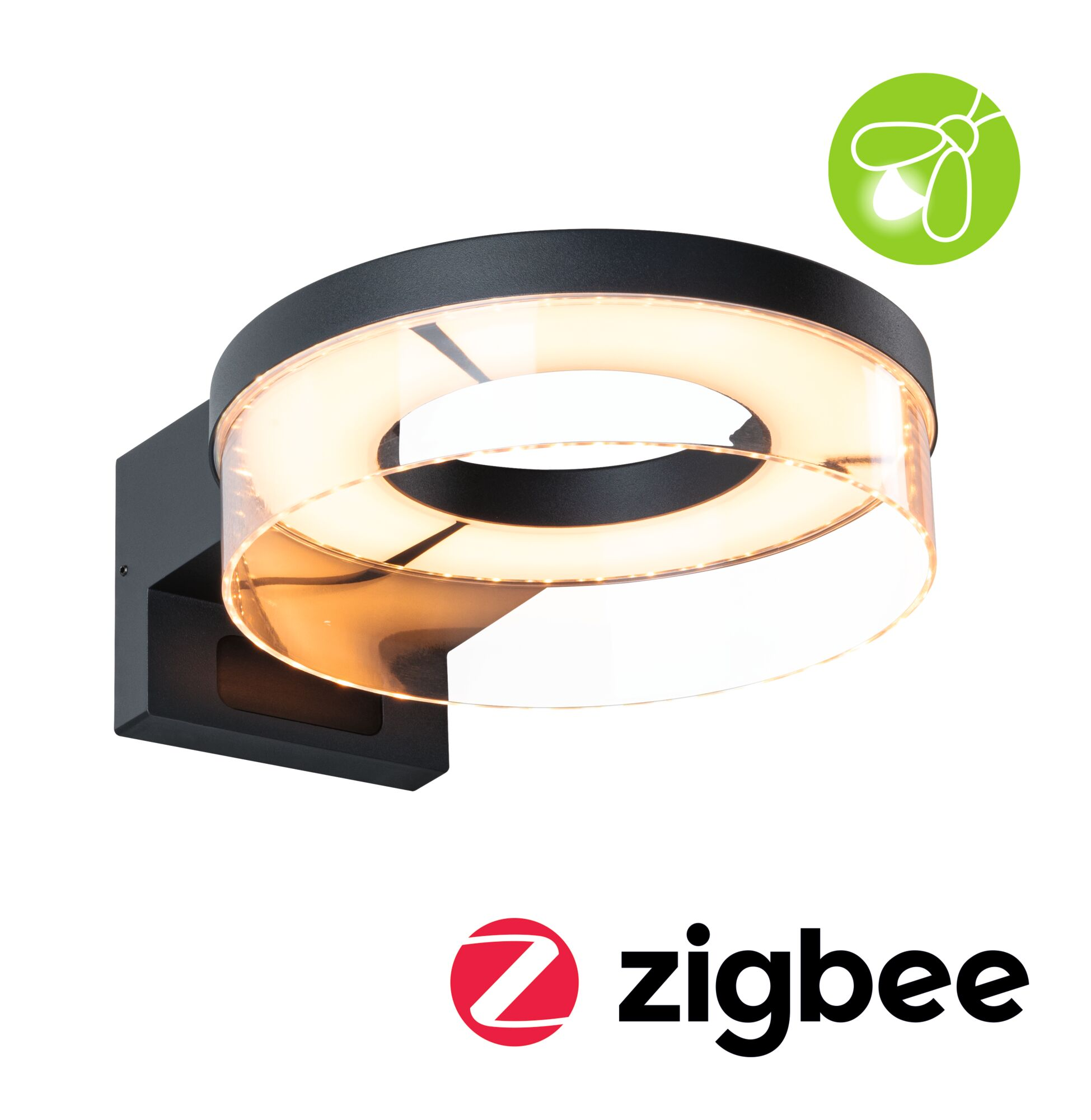 Nowoczesna czarna lampa ścienna z okrągłym, podświetlanym dyfuzorem i logo Zigbee.