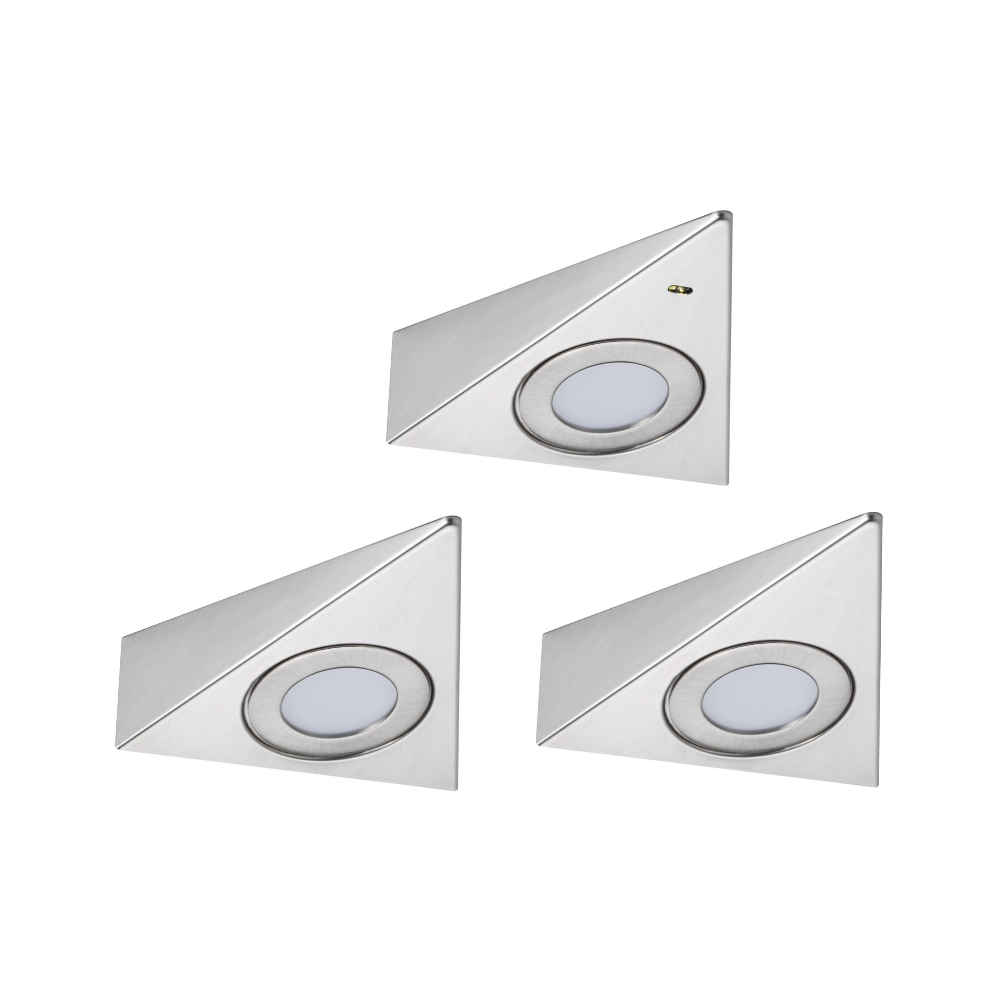 Drei dreieckige Edelstahl-Einbauspots mit weißem Licht.