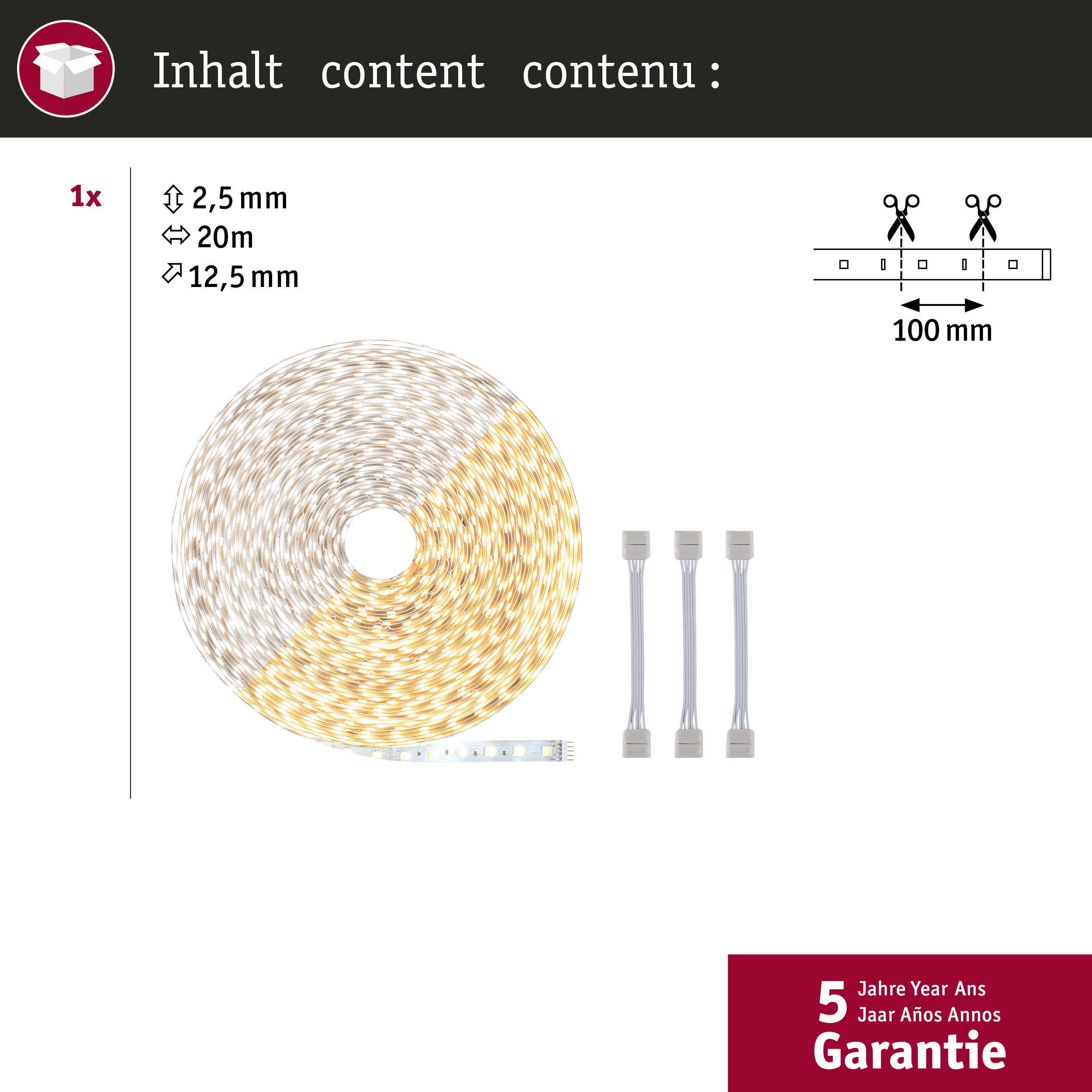 Una bobina di striscia LED, larga 2,5 mm, lunga 20 m, con connettori.