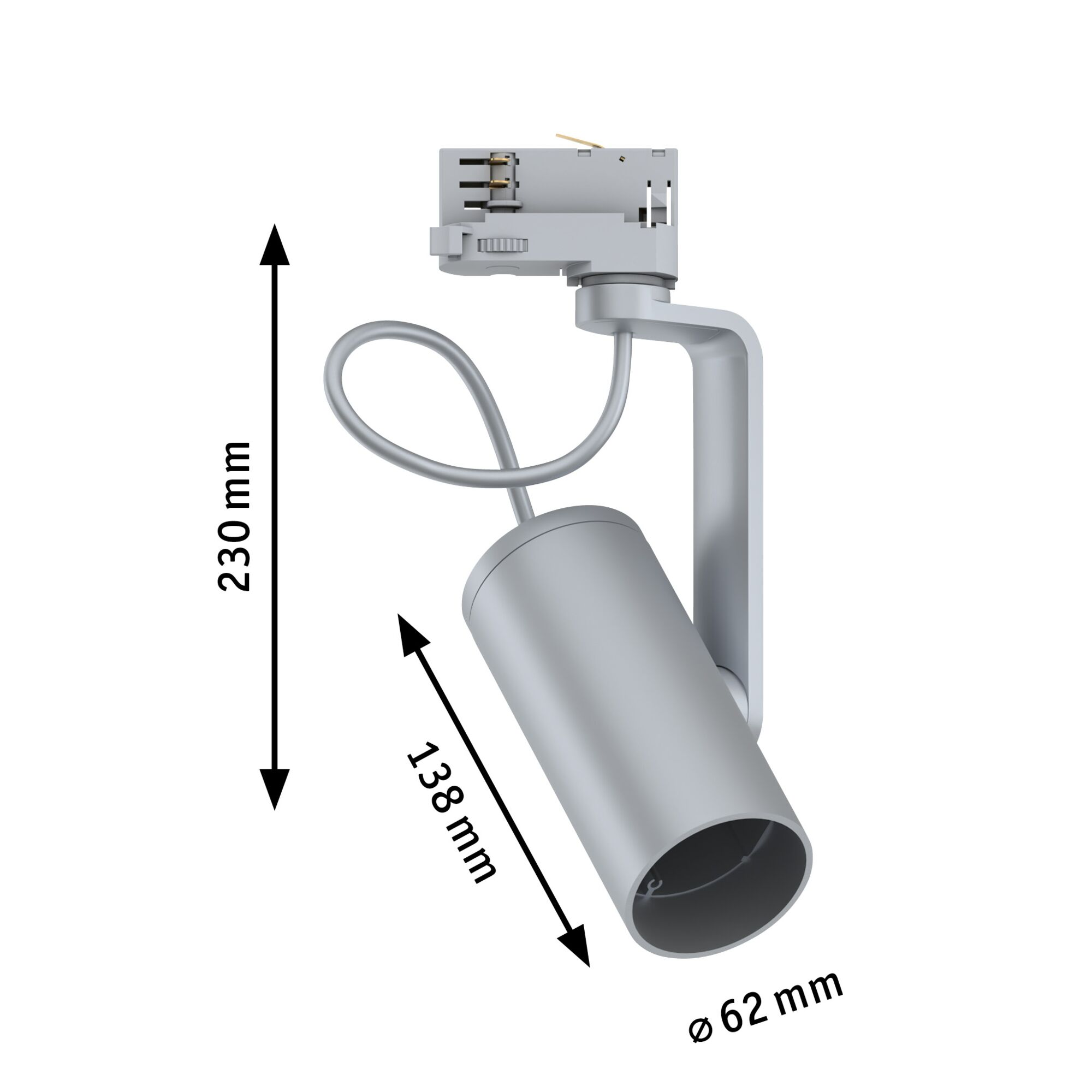 Grauer Schienenstrahler mit Maßangaben: 230 mm Höhe, 138 mm Länge, 62 mm Durchmesser.