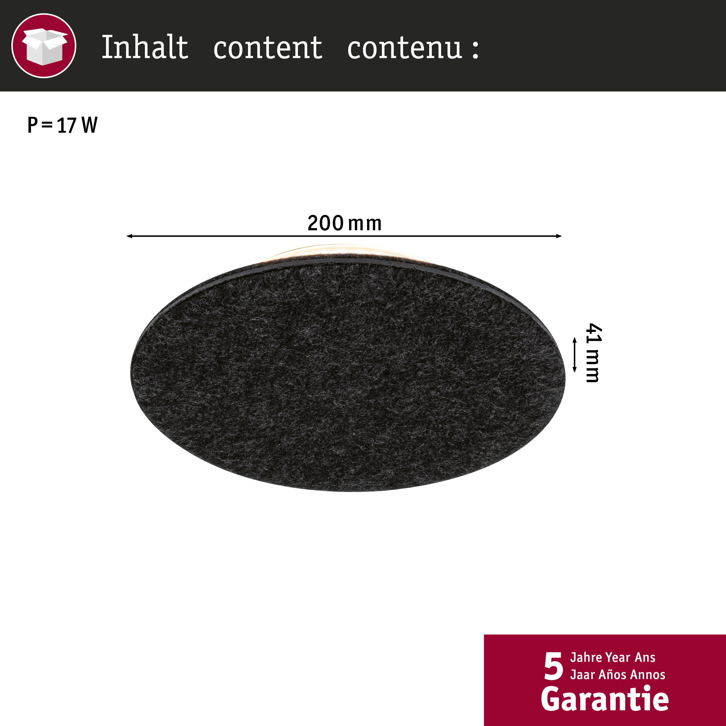 Schwarzer, runder Gegenstand, 200 mm breit und 41 mm hoch.
