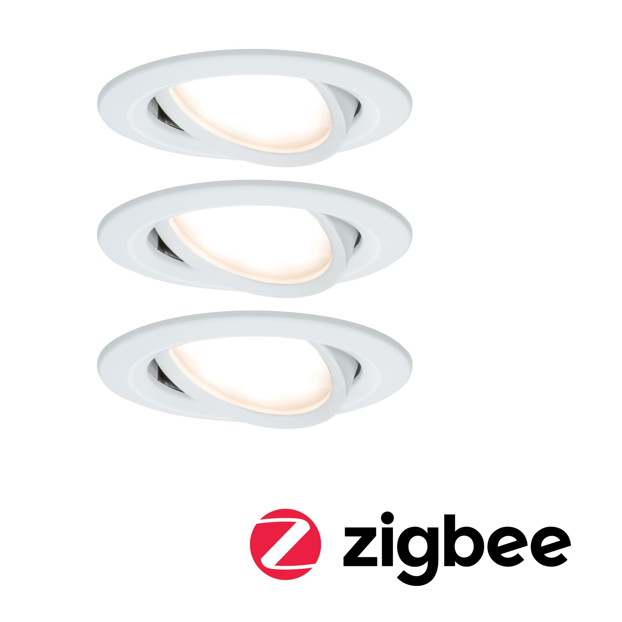 Trzy białe światła wpuszczane z ciepłym oświetleniem i logo Zigbee.