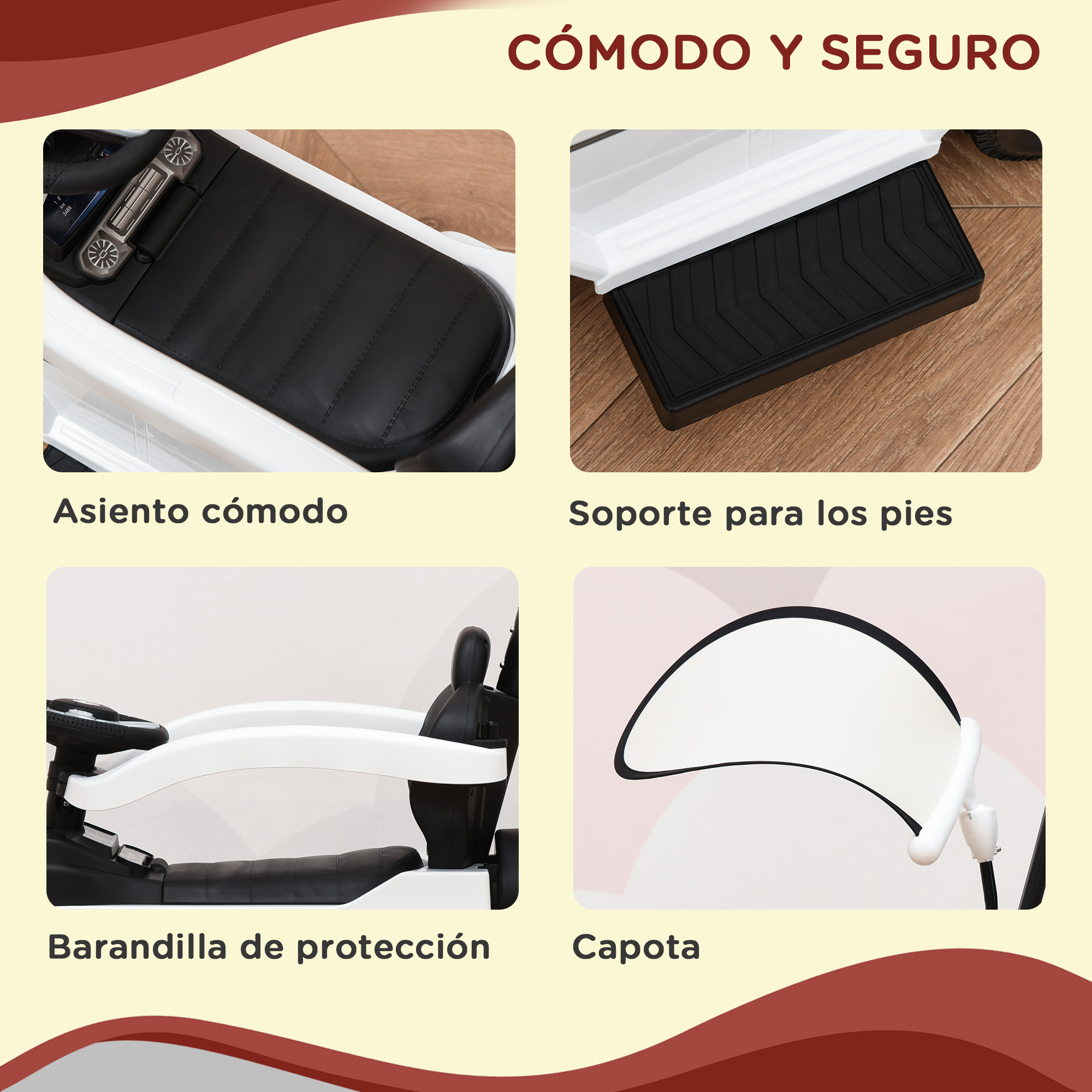 Imagen con cuatro detalles de un coche infantil: asiento, reposapiés, barra de seguridad, capota.