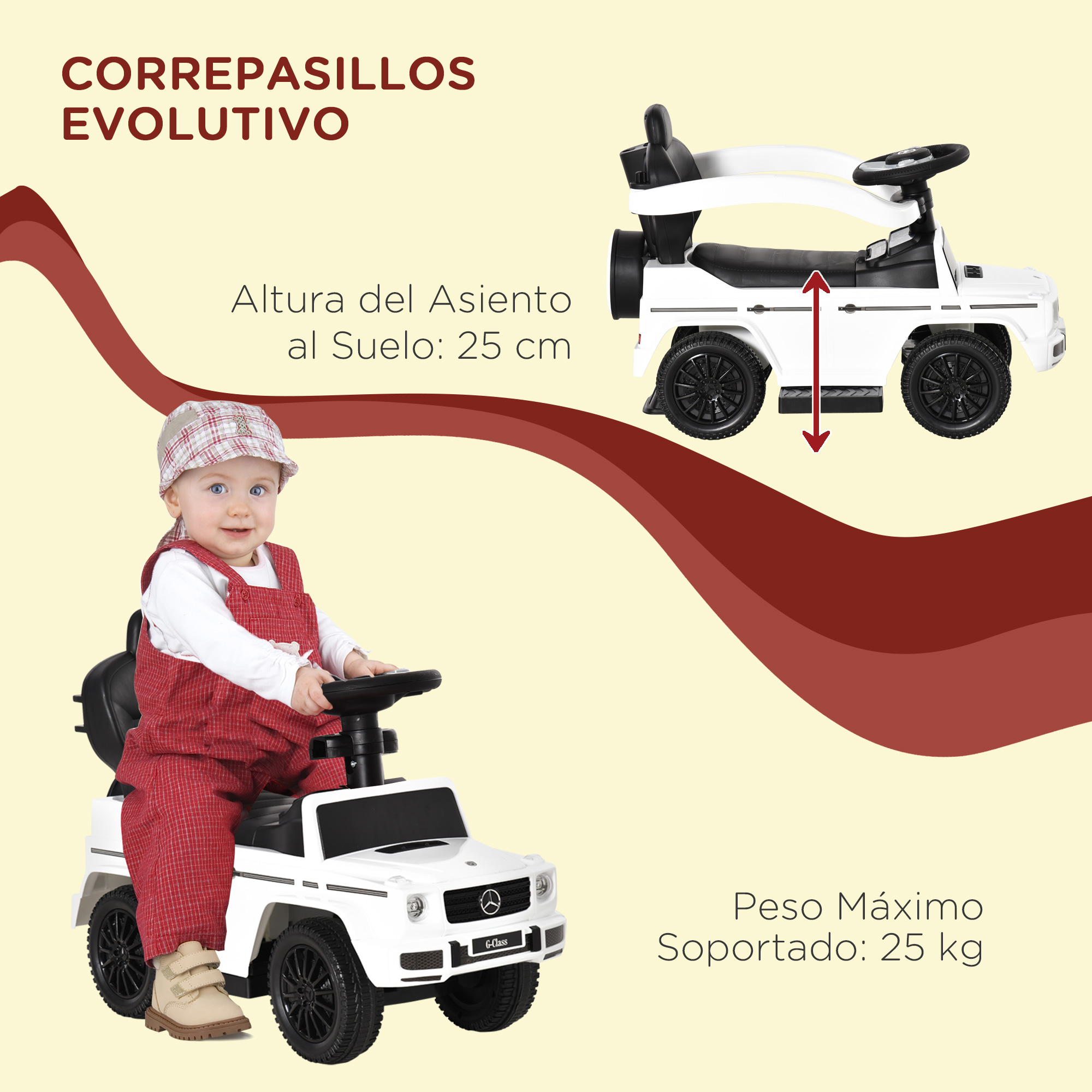 Un bebé con peto se sienta en un coche de juguete blanco con volante negro.