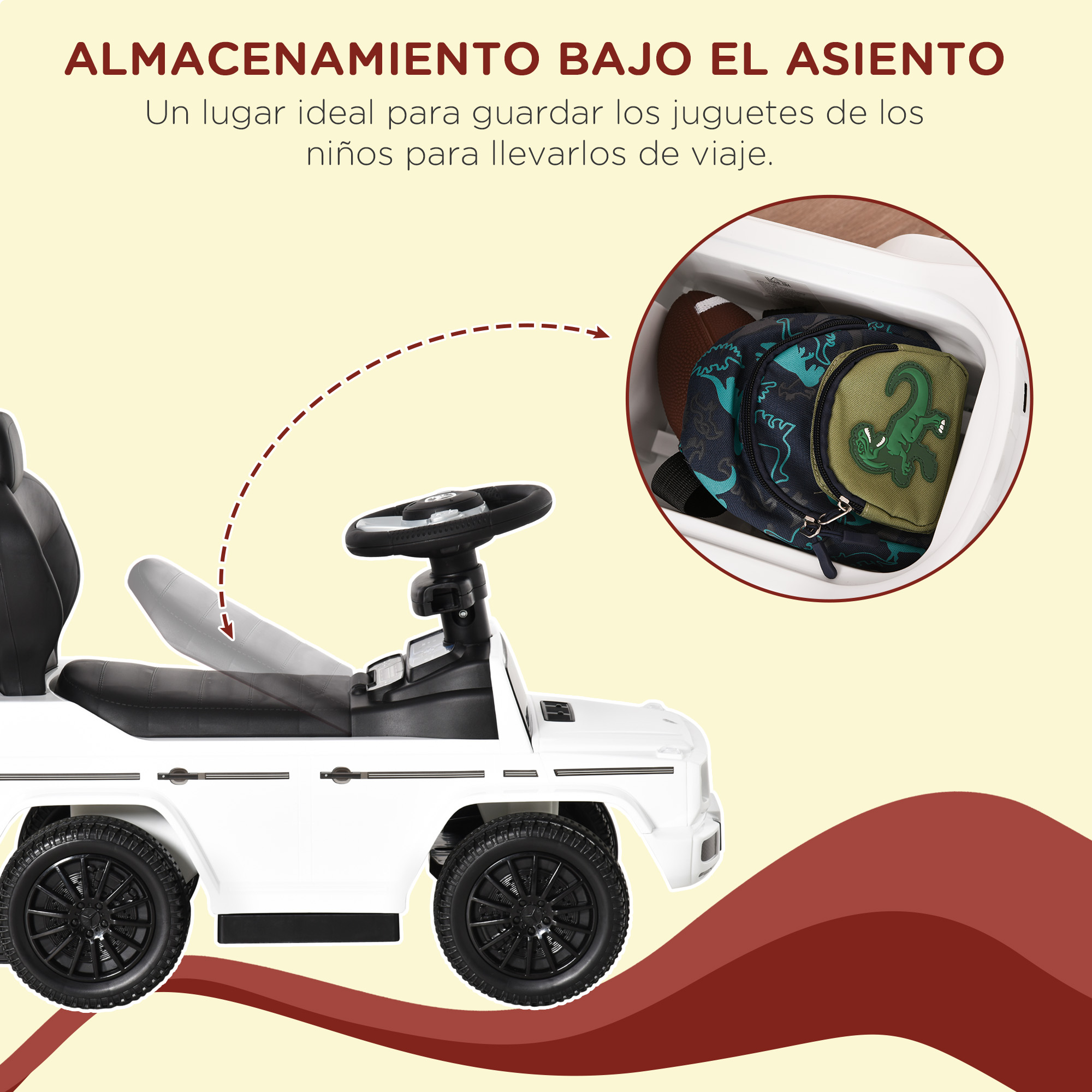 Coche de juguete blanco con almacenamiento bajo el asiento que contiene una mochila.