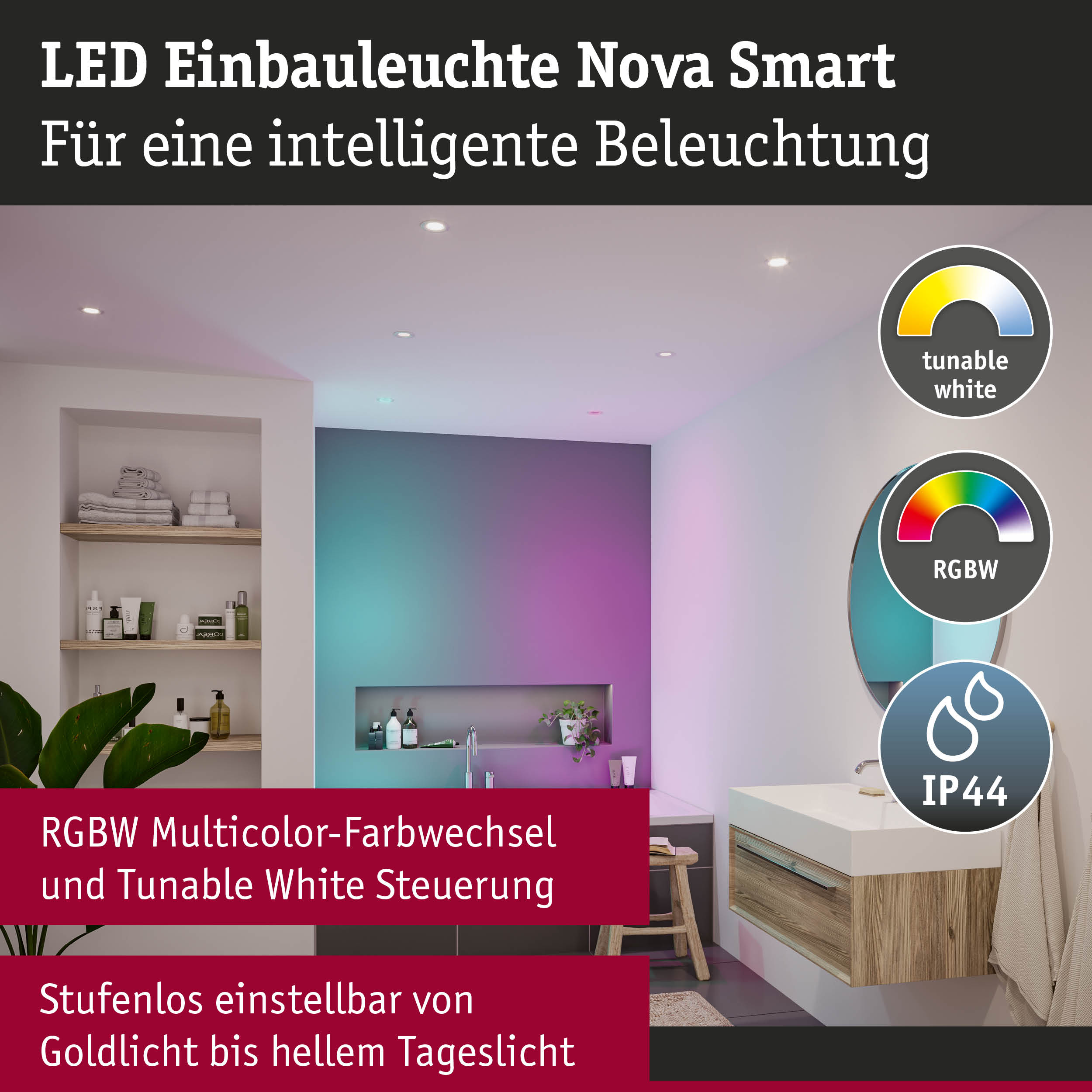 Nowoczesna lampa LED wpuszczana z kolorami RGBW i regulacją bieli.