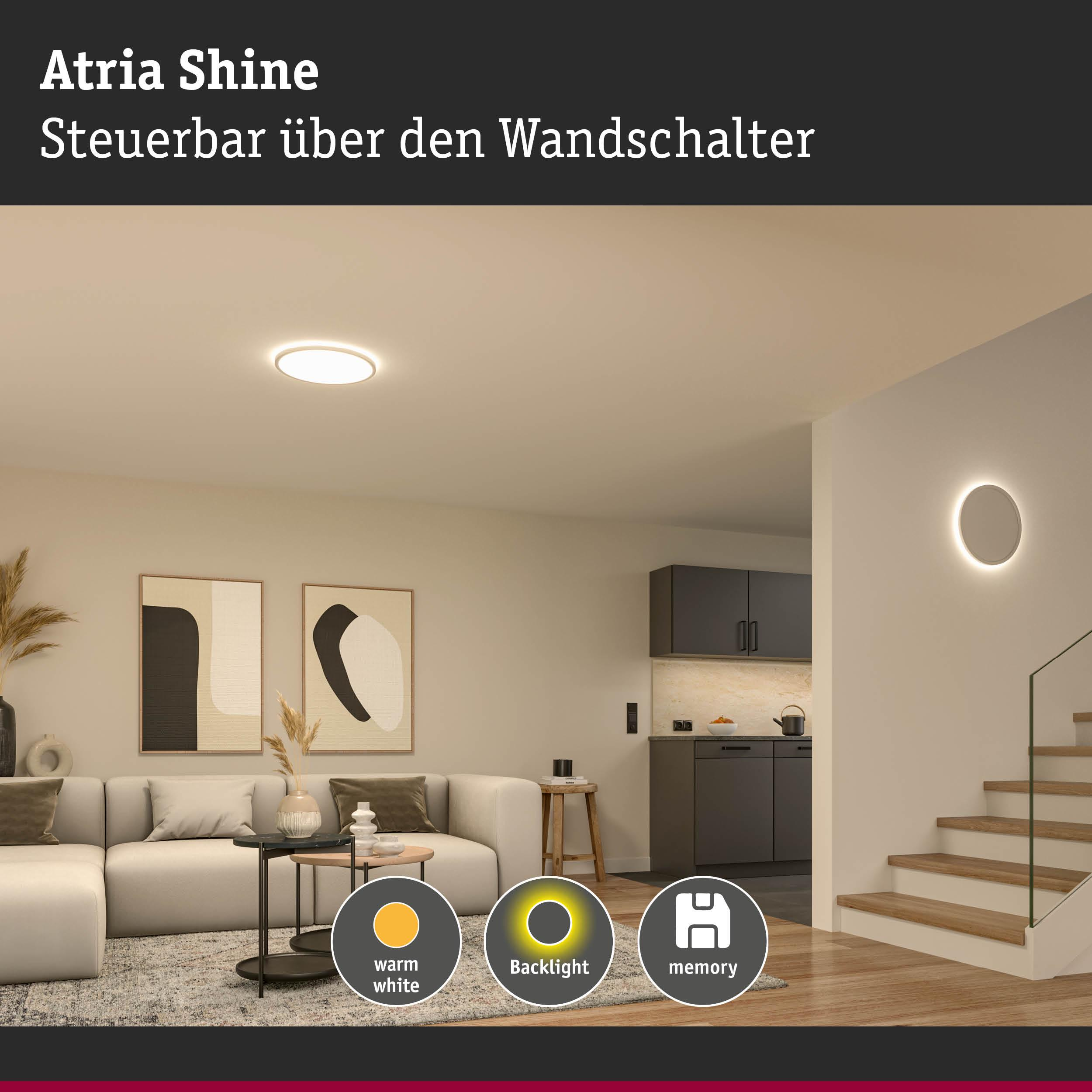 Modernes Wohnzimmer mit Sofa, Couchtisch, Küche und Treppe. Lichteffekte.
