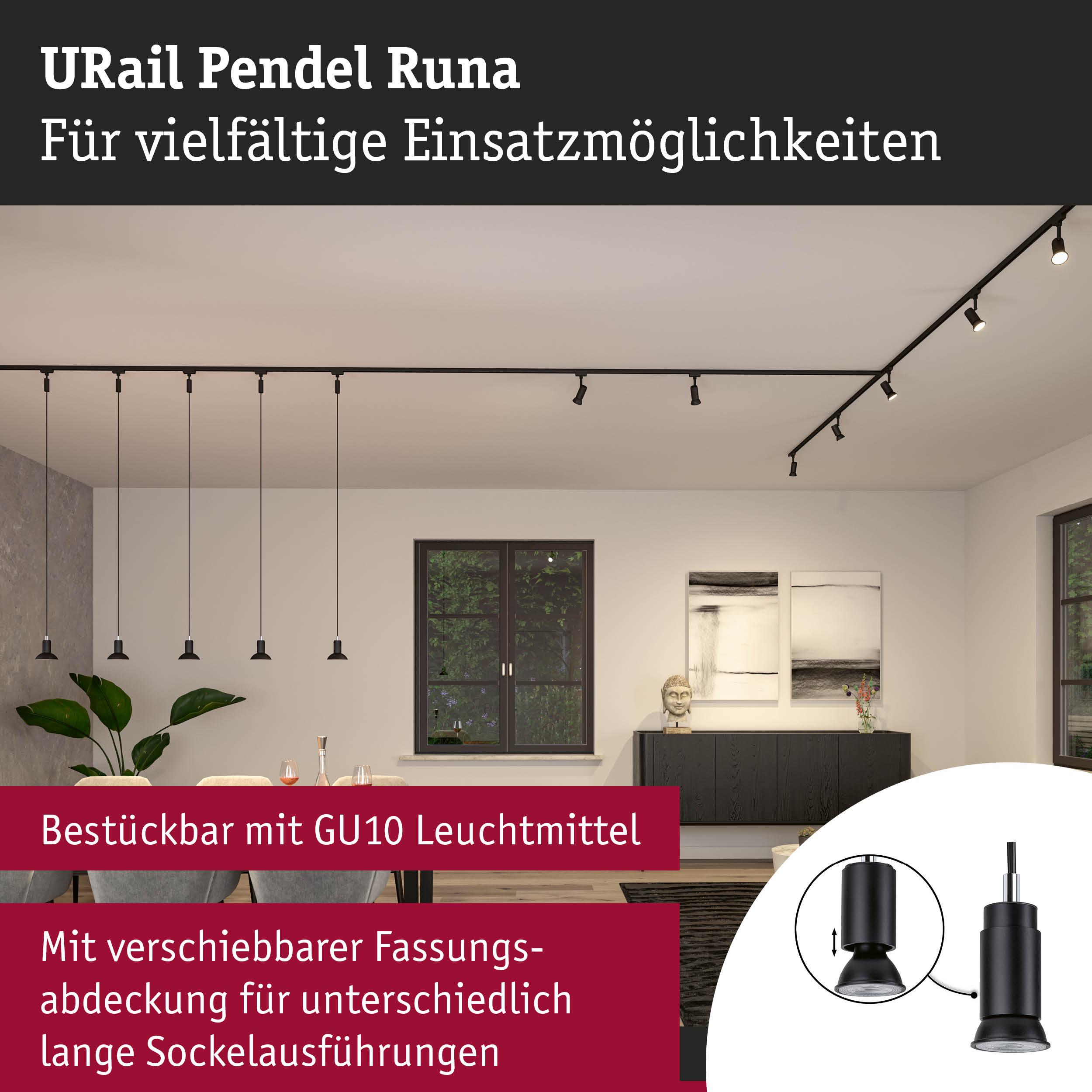 Schwarze Pendelleuchten an einer URail-Schiene in modernem Raum.