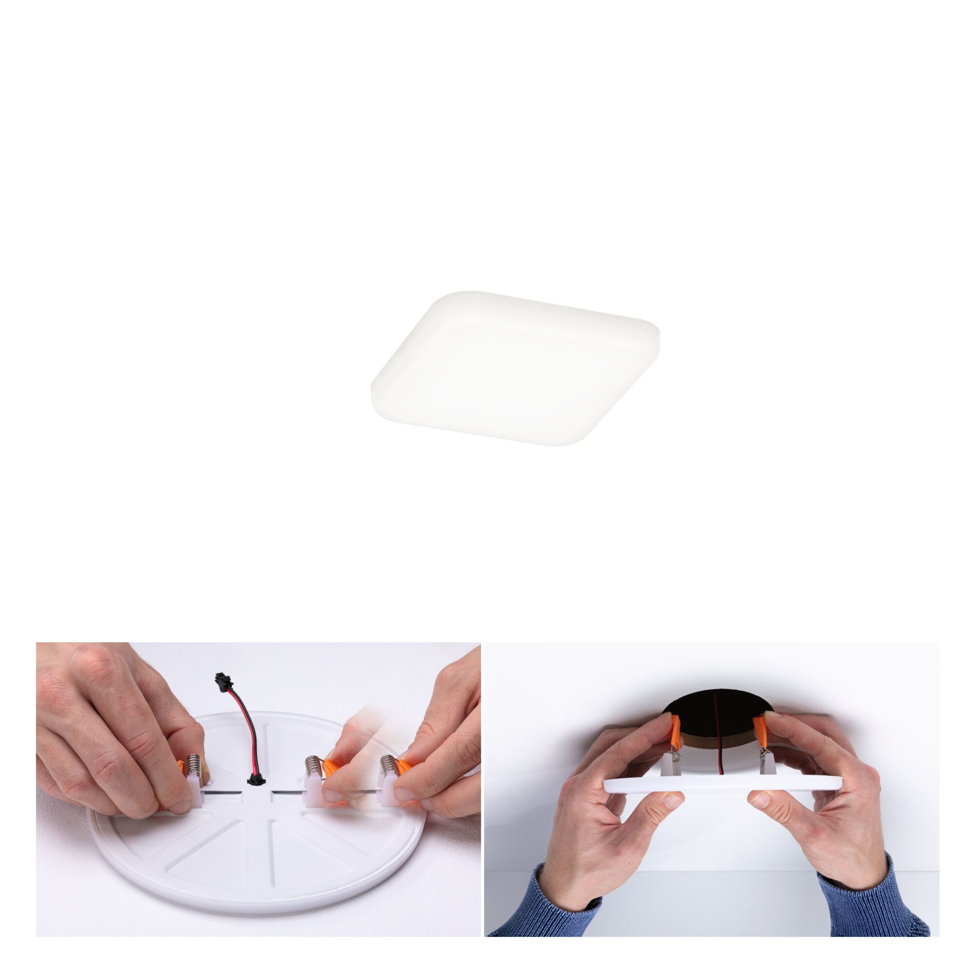 Mani collegano filo a un lampadario quadrato bianco, poi lo inseriscono nel soffitto.