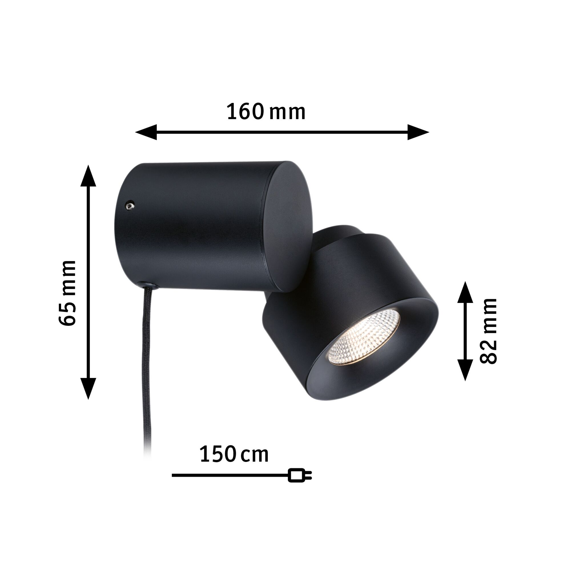 Schwarzer Schwenkstrahler mit Maßen 160mm x 65mm x 82mm, 150cm Kabel.