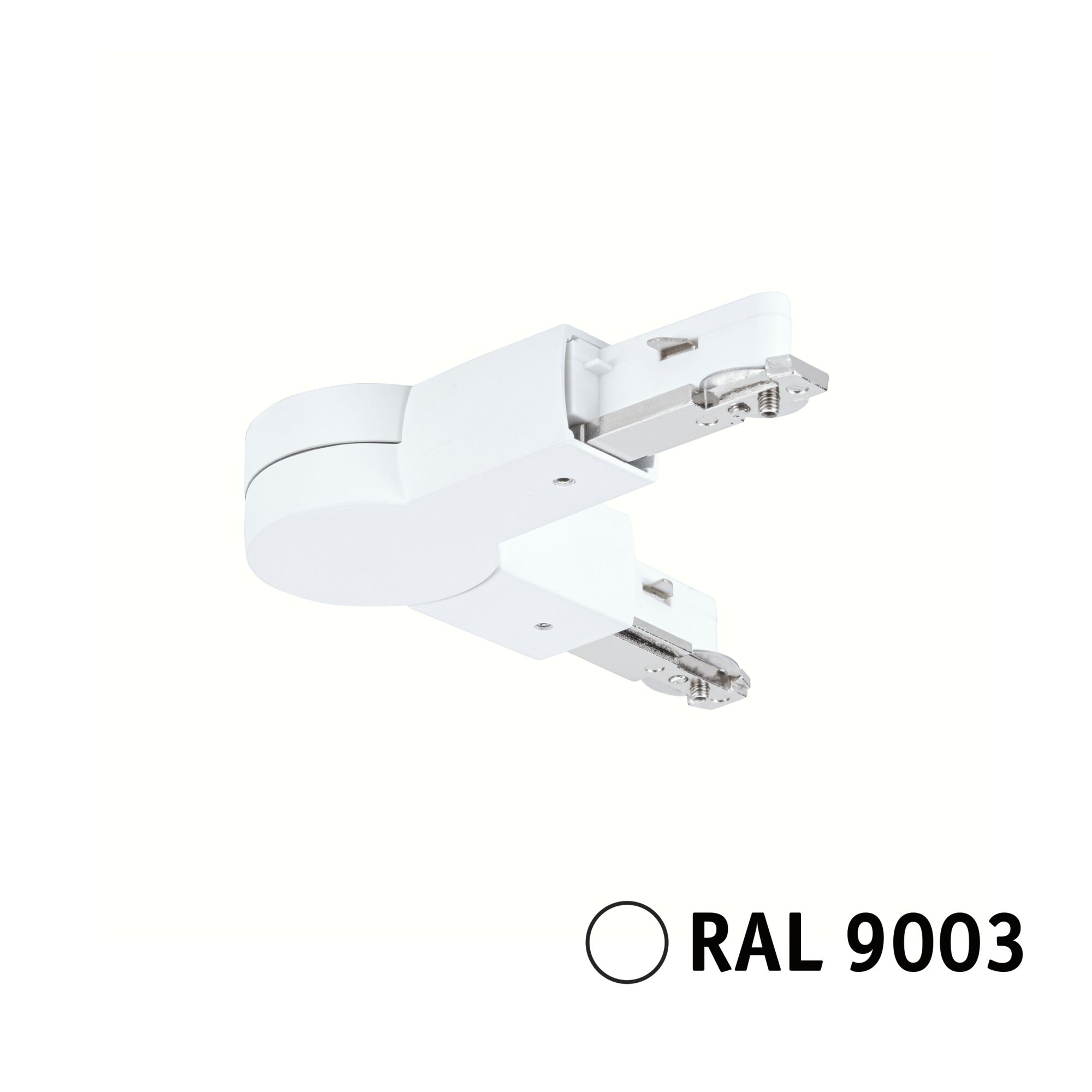 Ein weißer Stromschienenverbinder mit Metallkontakten, neben RAL 9003.
