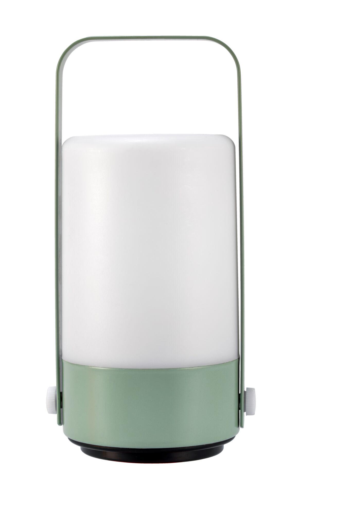 Zielona latarnia z białym kloszem i uchwytem.