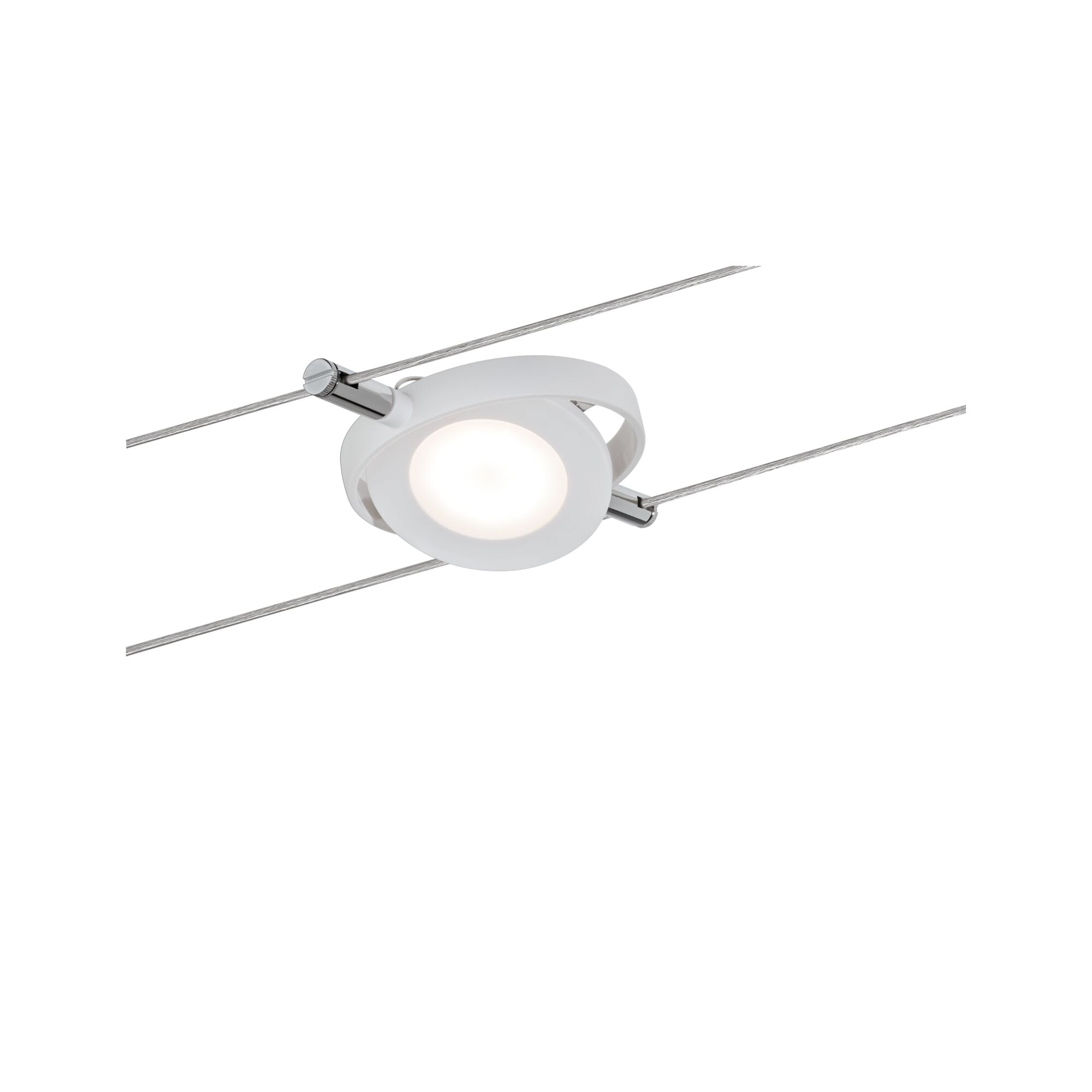 Faretti da soffitto bianchi con cavi argentati, che illuminano verso il basso.