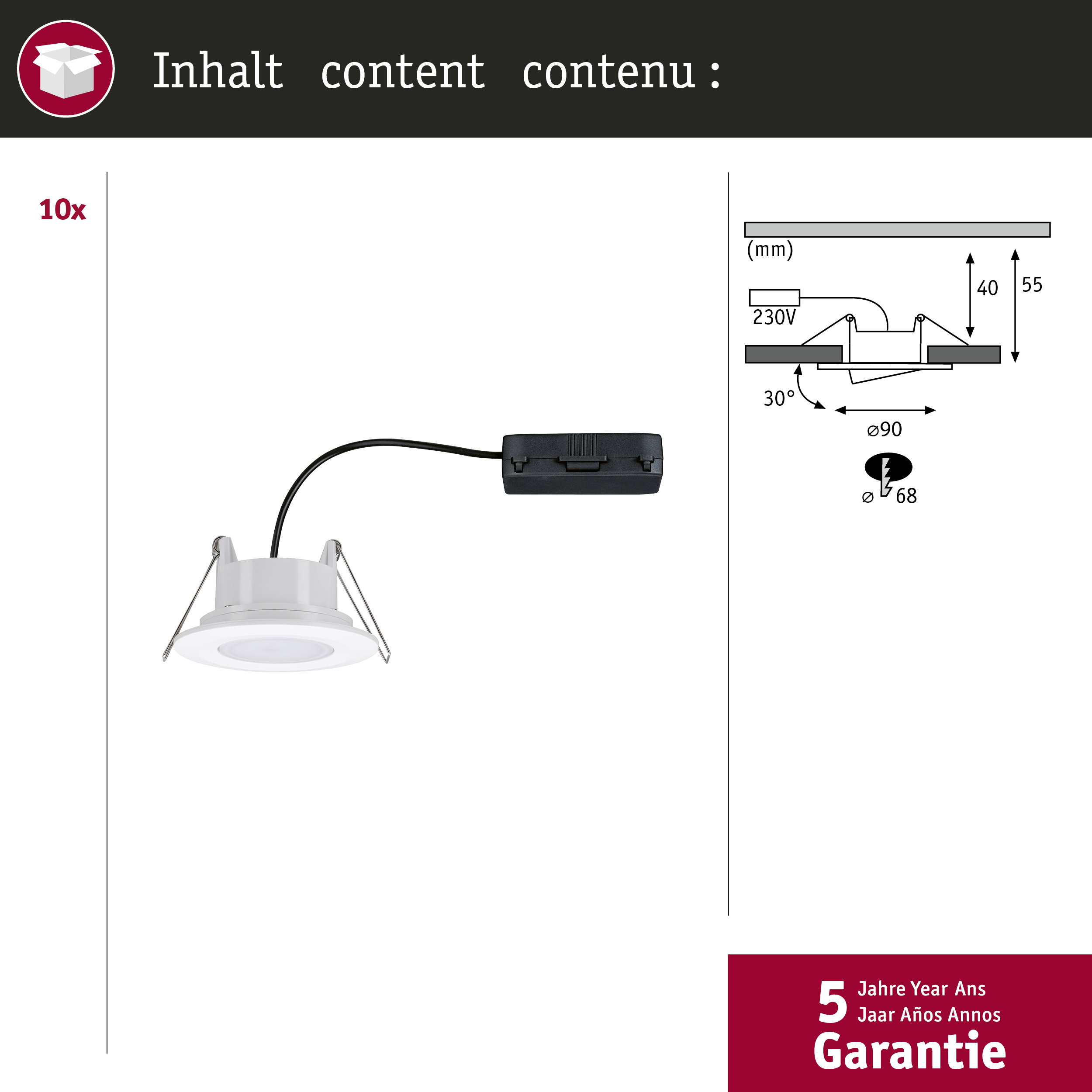 Technische Zeichnung einer Einbaulampe mit Maßen und 230V-Anschluss.
