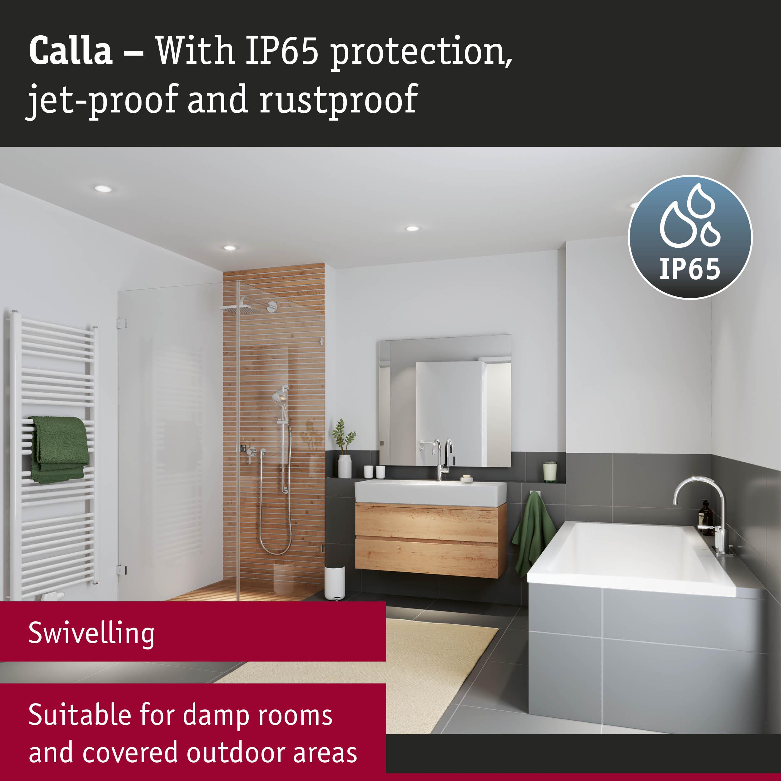 Modernes Badezimmer mit Dusche, Wanne, Waschbecken und Heizkörper. IP65 Siegel.