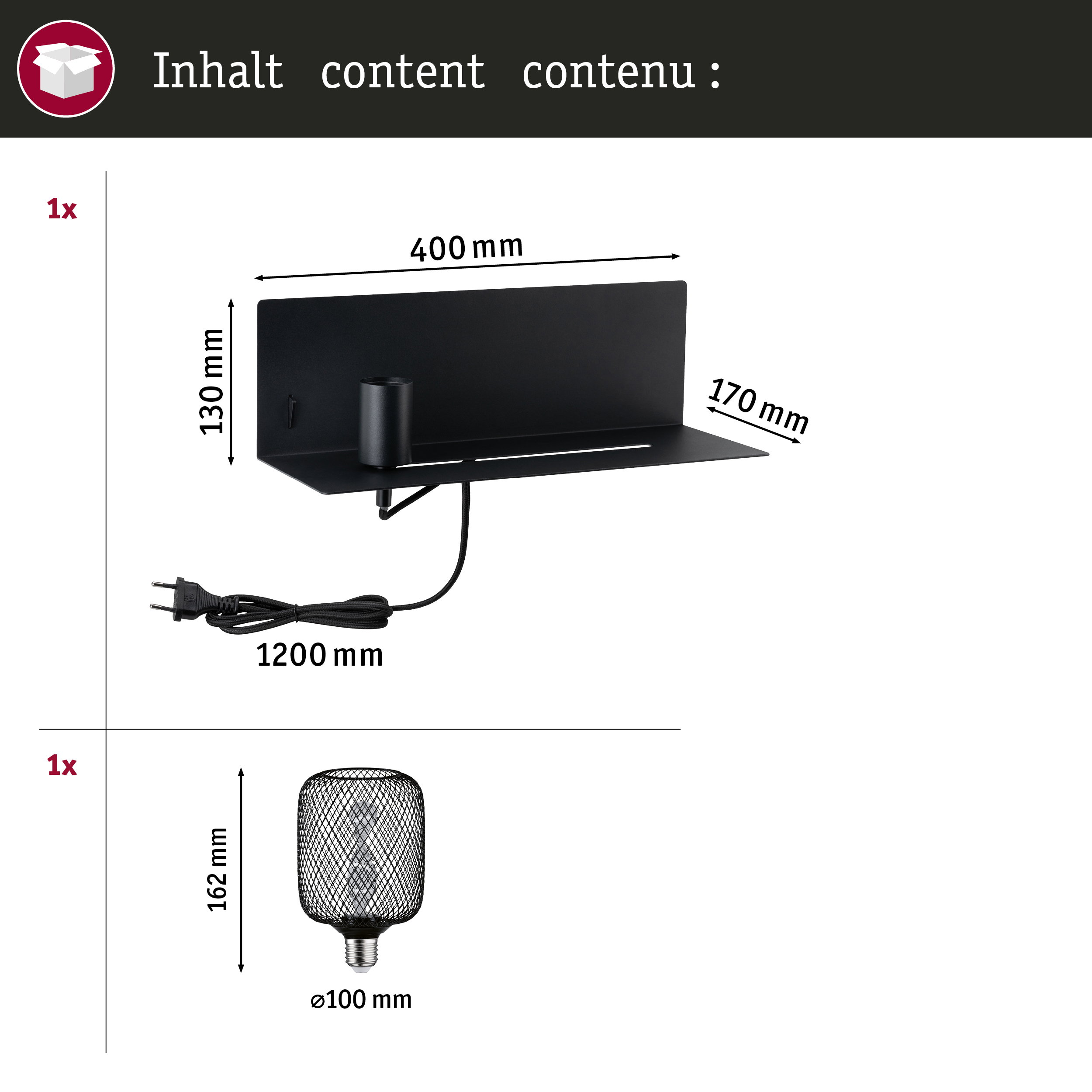 Czarna lampa ścienna z kablem i wtyczką; żarówka z siatki drucianej.