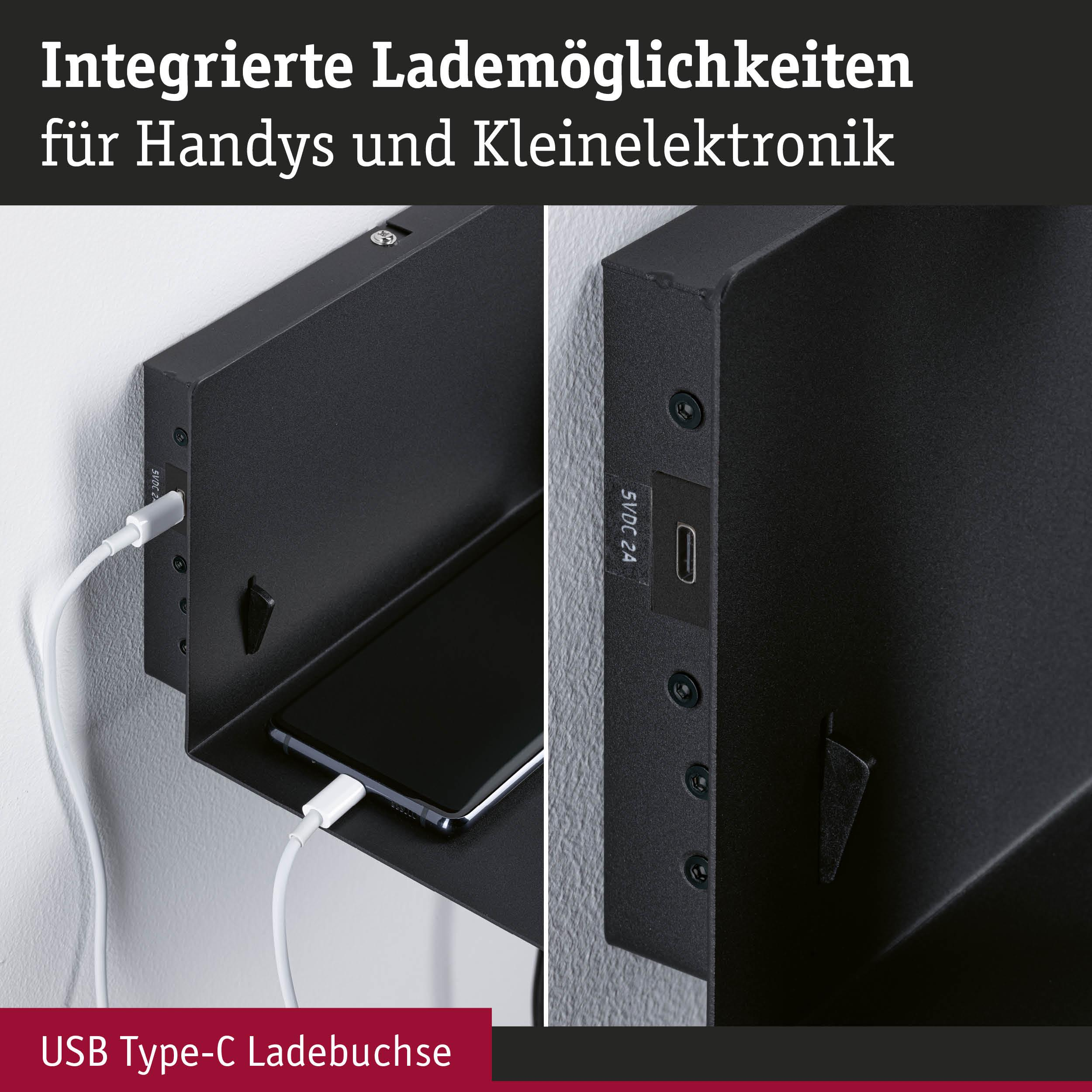 Czarna półka z portem USB-C ładuje telefon. Zintegrowane funkcje ładowania.