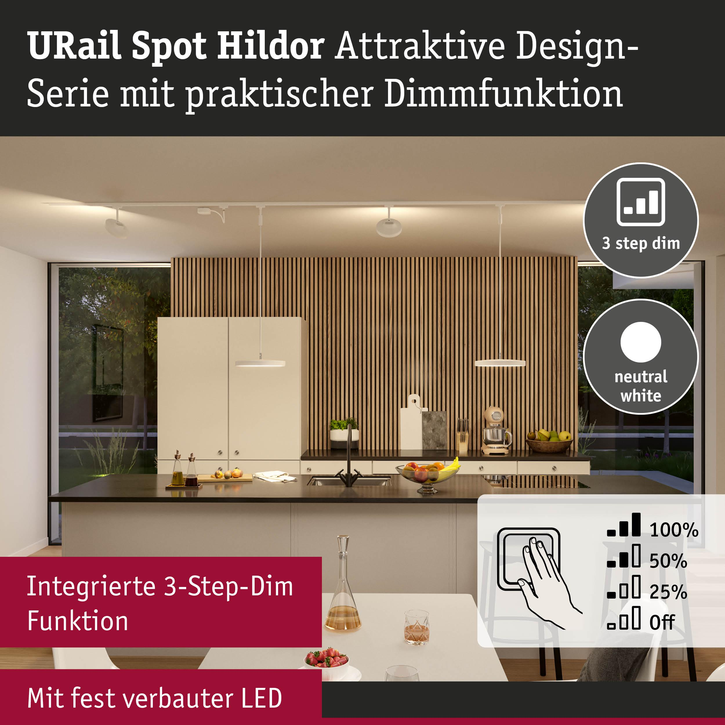 Moderne Küche mit 3-Stufen-Dimm-Beleuchtung, Holzwand und großer Fensterfront.