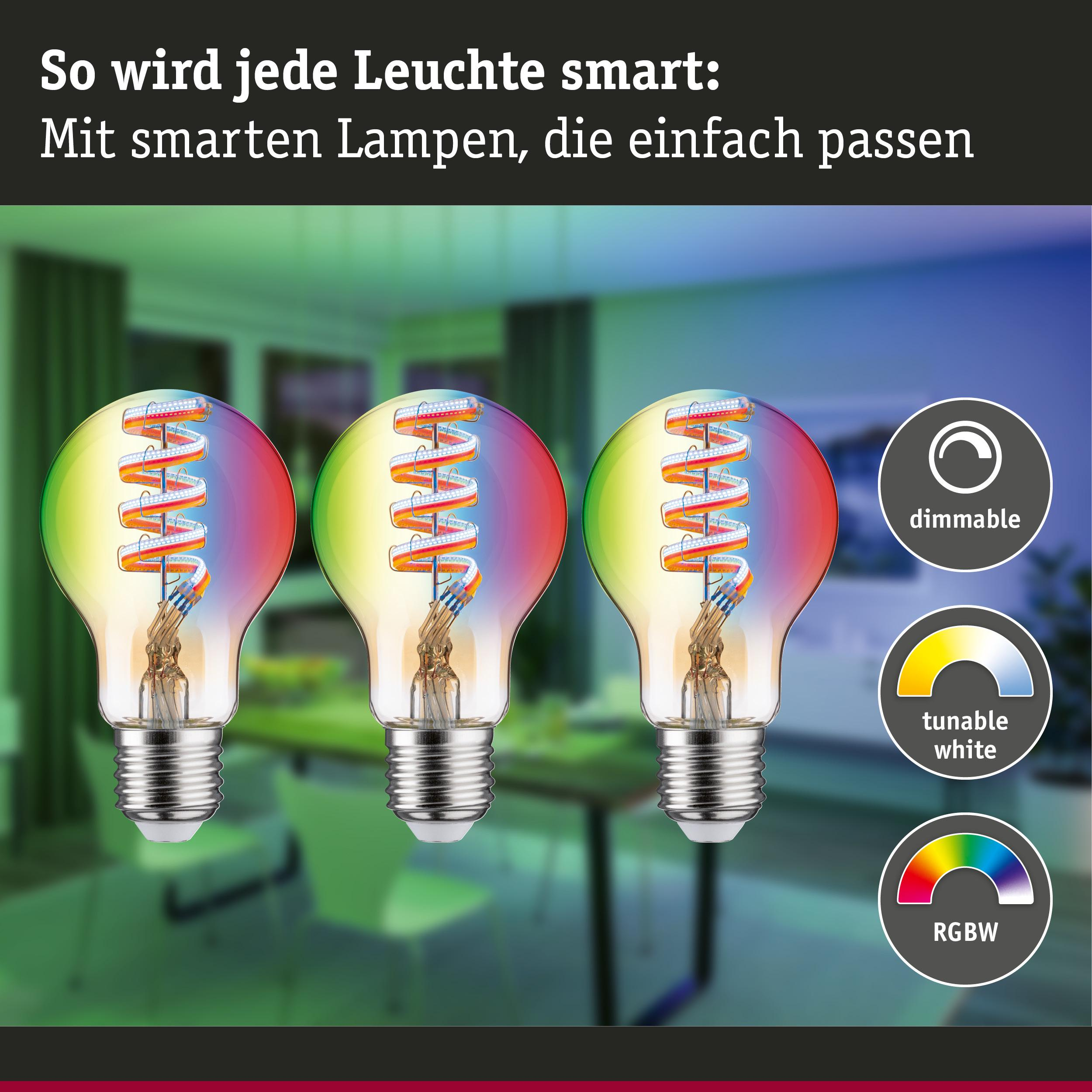 Drei smarte Glühbirnen mit farbigem Licht, dimmbar und einstellbar.